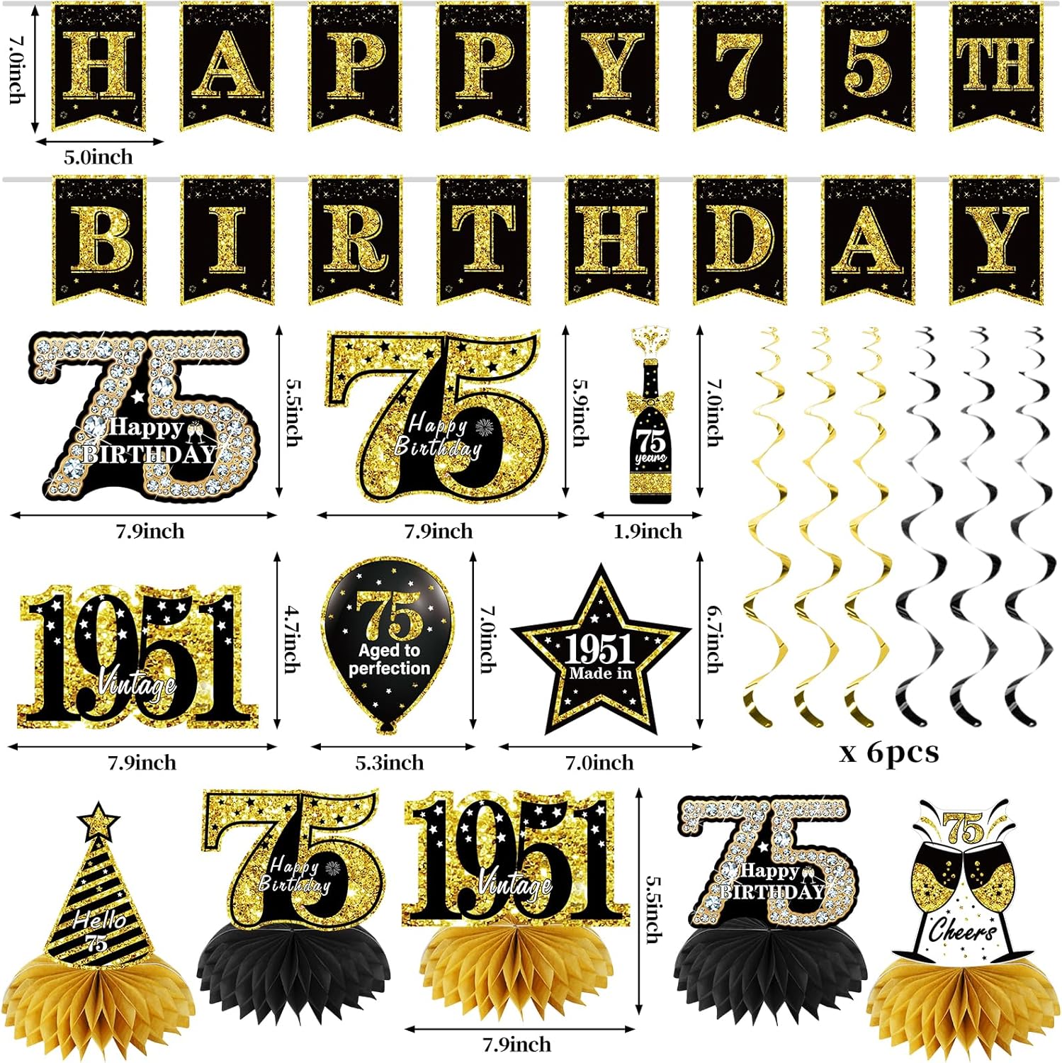Zirtorei 75th Birthday Decorations for Men Women, 21pcs the Year 1951 Banner Balloon Party Supplies, Black Gold 75 Year Old Birthday Backdrop, 75 Bday Honeycomb Centerpiece Hanging Swirls Sash Gifts - Image 2