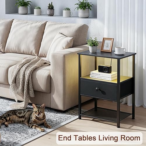 Miniatura 8 de Juego de 2 Mesitas de Noche, Mesita de Noche LED con Estación de Carga, Mesas Auxiliares para Sala de Estar con Cajón de Tela, Mesitas de Cama