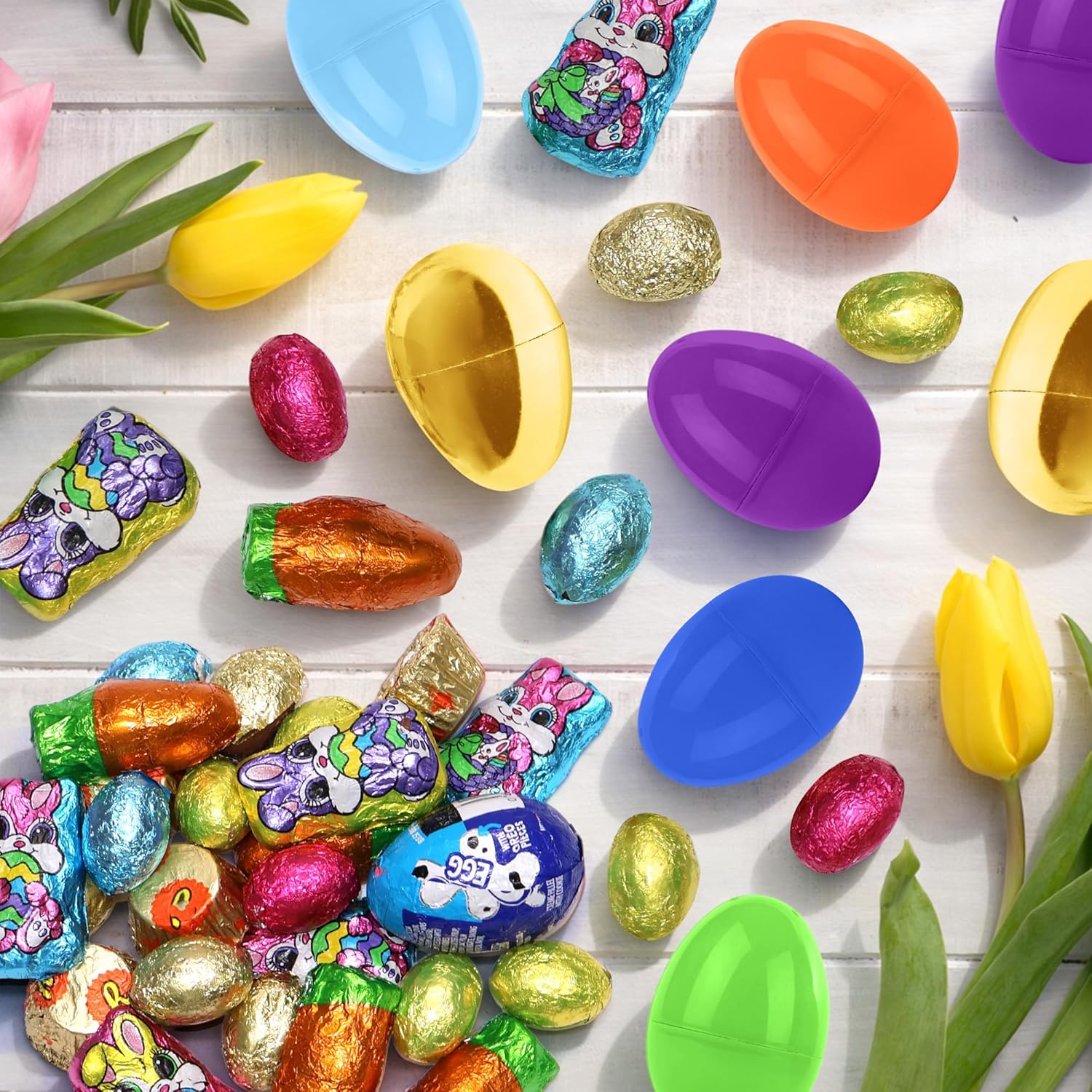Easter Candy with Fillable Plastic Eggs Bundle - Pack Of 24 Plastic Eggs With Assorted Chocolate Candy for Filling - Holiday Party Treats & Easter Basket Stuffers