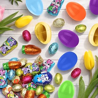 Easter Candy with Fillable Plastic Eggs Bundle - Pack Of 24 Plastic Eggs With Assorted Chocolate Candy for Filling - Holiday Party Treats & Easter Basket Stuffers