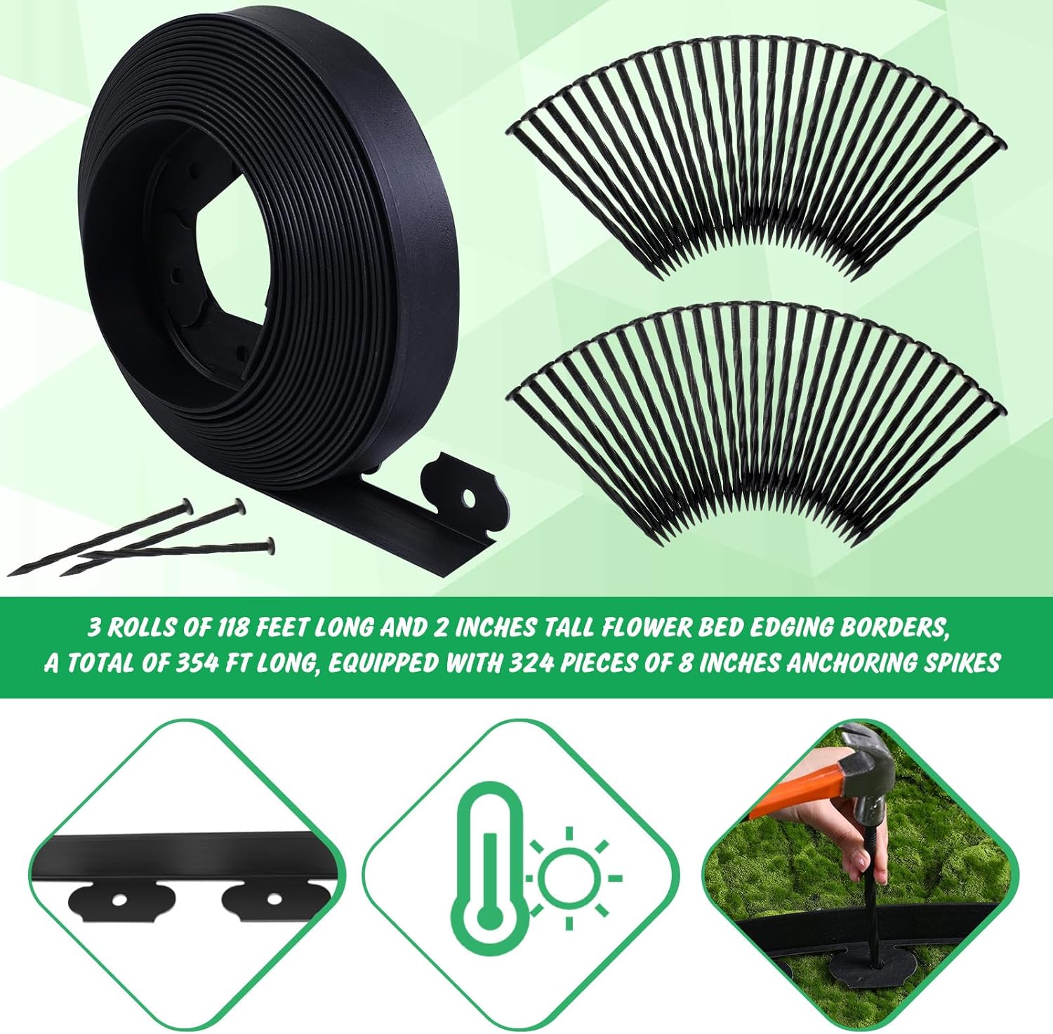 Sintuff 2'' x 354ft Landscape Edging Kit Lawn Edging Border with 324 Anchoring Spikes Flexible Barrier Edge for Landscape Flower Garden Lawn Yard(Black)