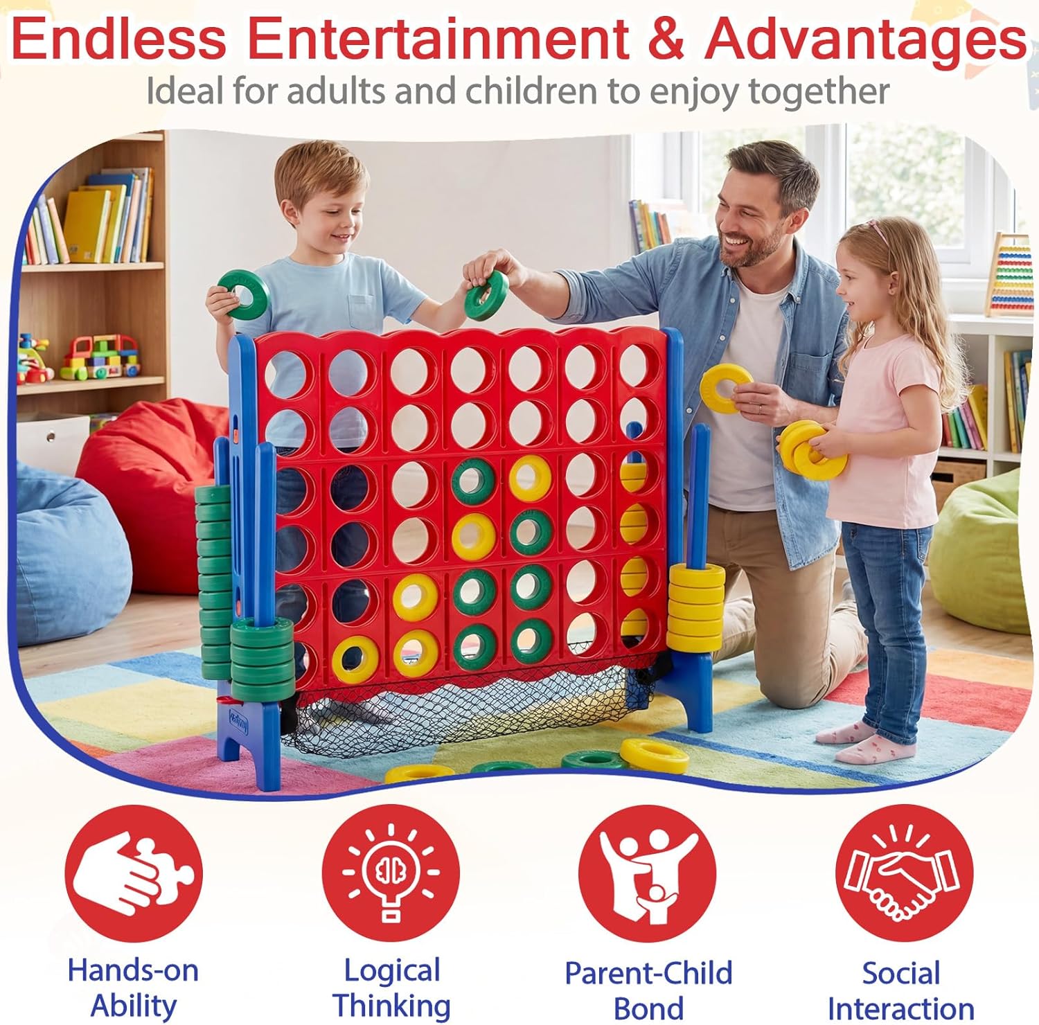 COSTWAY Giant 4 to Score Game Set, Jumbo Game Set with 42 Chess Pieces, Quick-Release Levers & Mesh Pocket, 4-in-a-Row Backyard Game for Kids & Adults, Ideal for Indoors & Outdoors