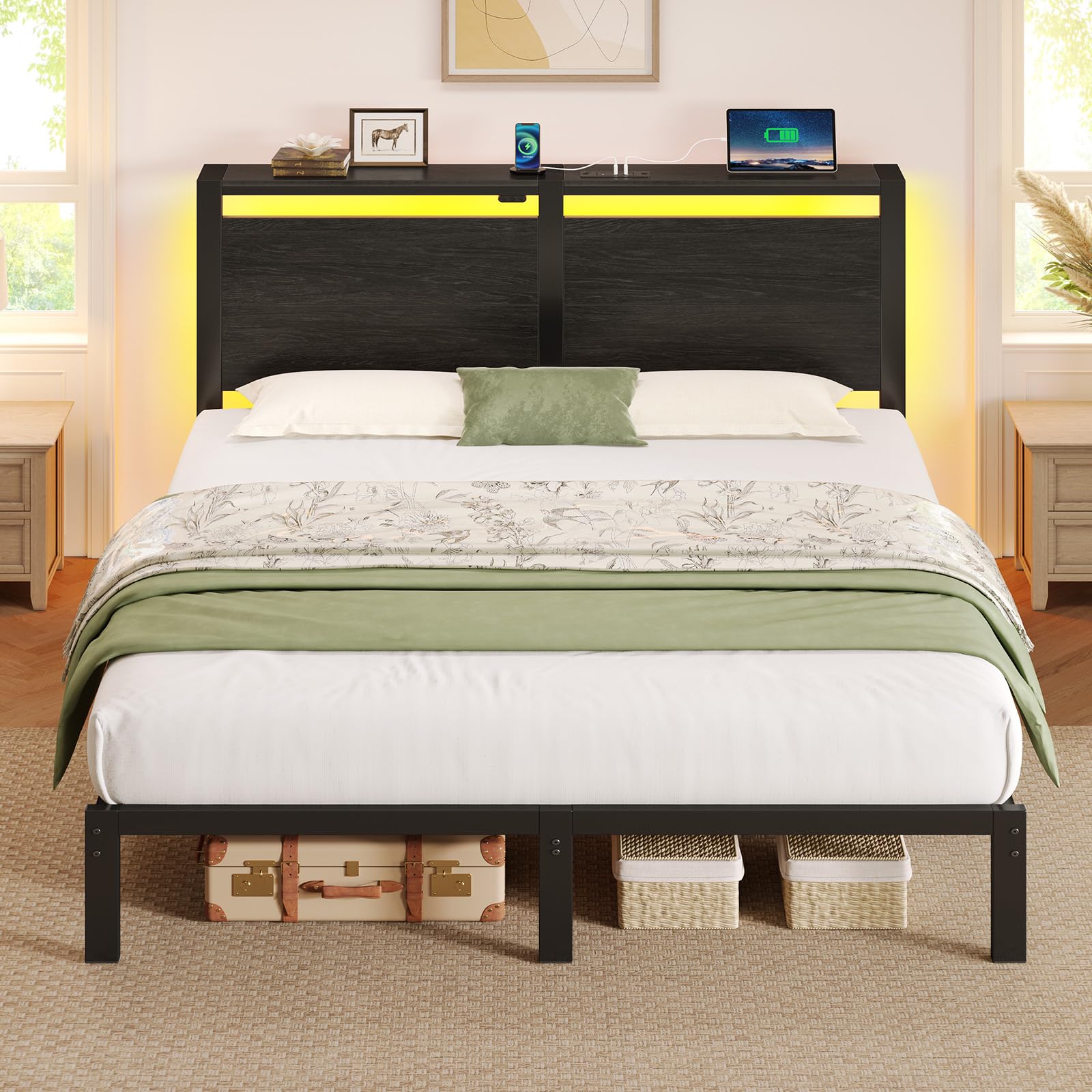 Photo 1 of Rolanstar Full Size Bed Frame with Charging Station, LED Full Bed Frame with Wood Storage Headboard, Platform Bed with Metal Slats & Under Bed Storage, No Box Spring Needed, Noise Free, Black Oak
