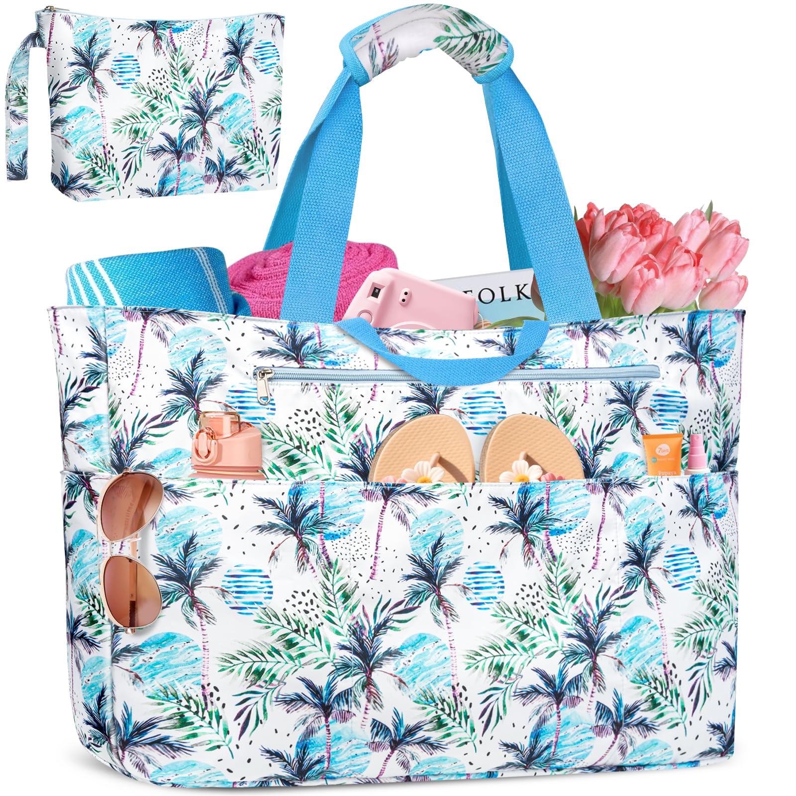 Grande Sac de Plage XXL Famille 50L Imperméable Sac de Voyage Femme avec Fermeture Éclair Pliable Sacs Cabas de Plage avec 14 Poches Beach Tote Bag Sacs a Main pour Gym Shopping