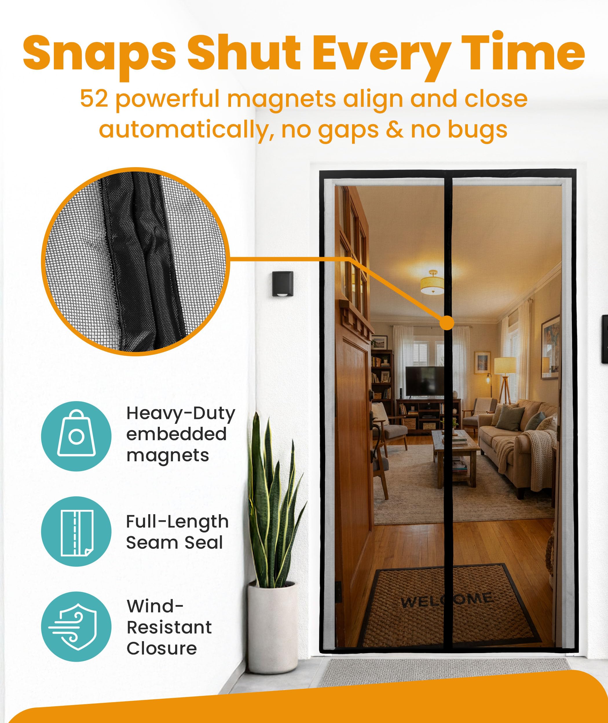 Flux Phenom Magnetic Screen Door - Bugs Out, Breeze in - 9min Install Auto-Sealing Heavy Duty Double Stitched Mesh, 52 Magnets, Hands Free Sliding & Patio Doors Net, Pet & Kid Friendly, 38 x 82 Inch - 4