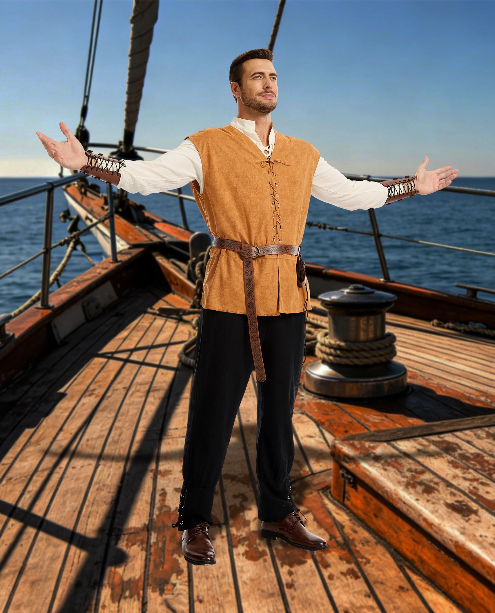 Herren Mittelalter Viking Kostüm,6 Stück Renaissance Kostüm Set, Mittelalterliche Kleidung für Halloween, Karneval, Cosplay