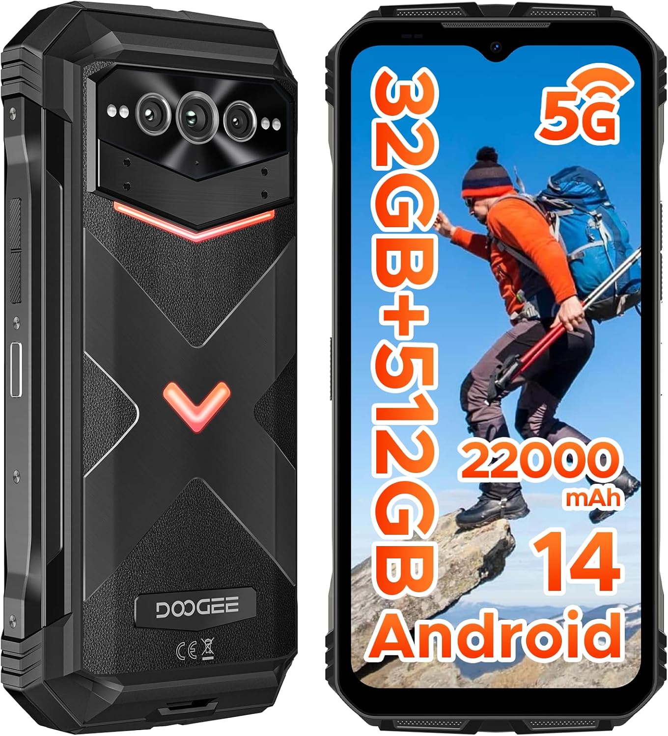DOOGEE V Max Pro 5G Rugged Smartphone,22000mAh,32GB+512GB/TF 2TB Android 14 Rugged Phone,108MP AI Main Camera,6.58″ FHD+120Hz IPS Waterdrop Screen,IP68/IP69K Waterproof Phone,Dual Unlock/WIFI6/NFC/OTG