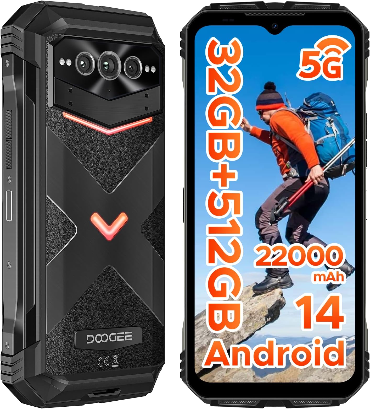 DOOGEE V Max Pro 5G Rugged Smartphone,22000mAh,32GB+512GB/TF 2TB Android 14 Rugged Phone,108MP AI Main Camera,6.58" FHD+120Hz IPS Waterdrop Screen,IP68/IP69K Waterproof Phone,Dual Unlock/WIFI6/NFC/OTG
