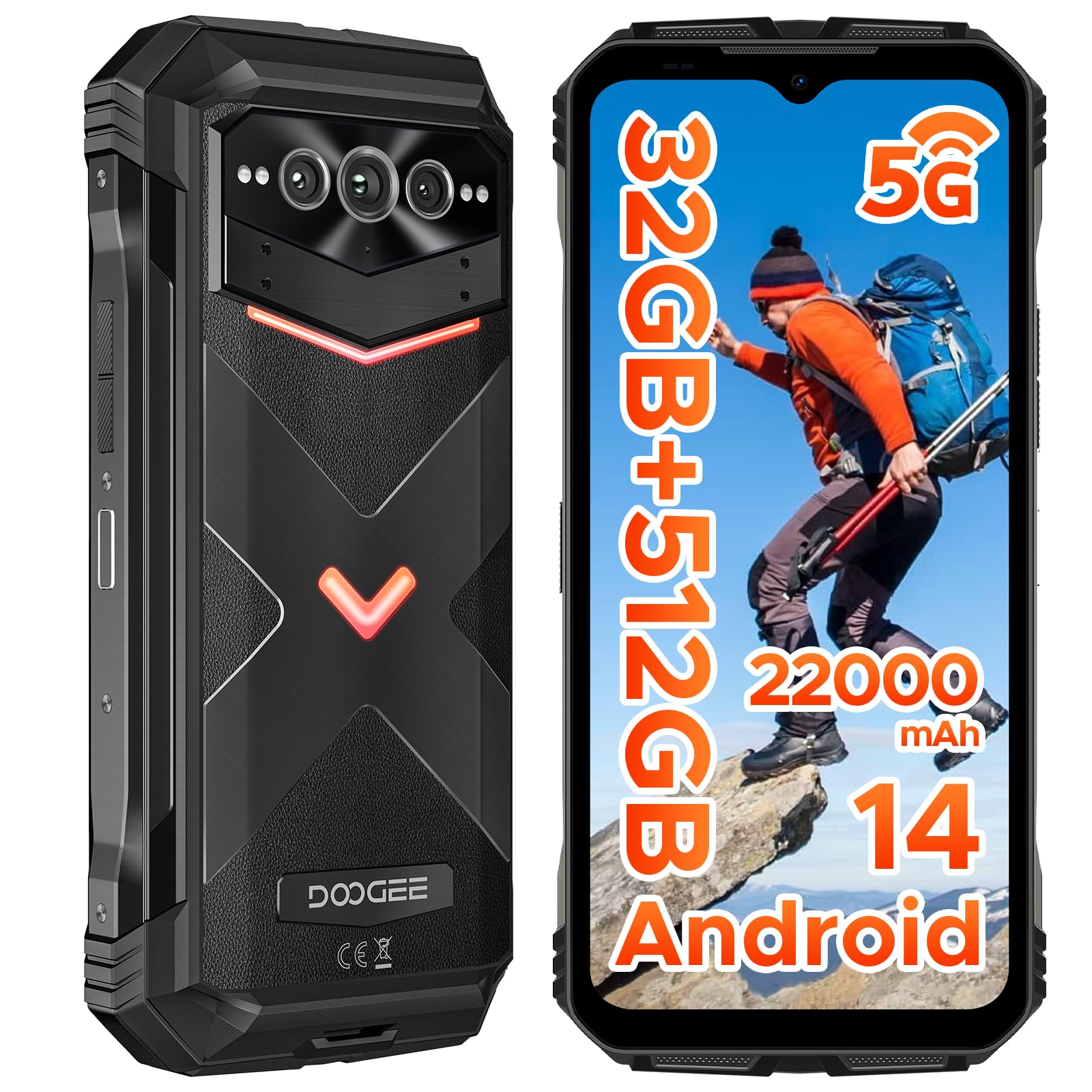 DOOGEEV Max Pro 5G Rugged Smartphone,22000mAh,32GB+512GB/TF 2TB Android 14 Rugged Phone,108MP AI Main Camera,6.58" FHD+120Hz IPS Waterdrop Screen,IP68/IP69K Waterproof Phone,Dual Unlock/WIFI6/NFC/OTG