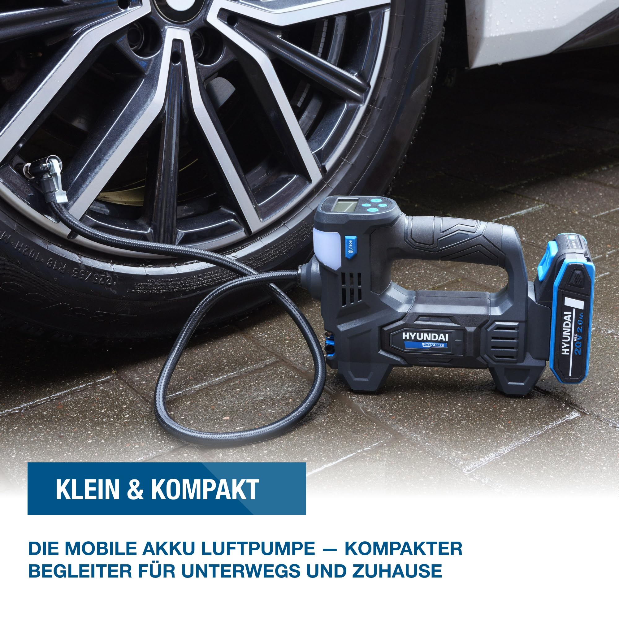 HYUNDAI Akku-Kompressor IF20S-2A1 | Li-Ion, 20V, 10-bar, 70 cm | multifunktionale Luftpumpe, Autokompressor | LED- & SOS-Notlicht | Lieferumfang: Luftkompressor, 3 Adapter, 1 x 2.0Ah Akku, Ladegerät