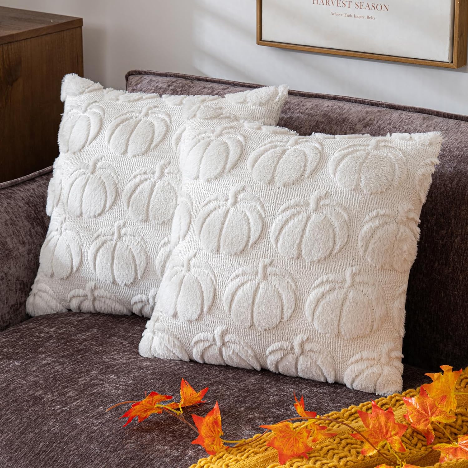 Pumpkin Fall Decorative Throw Pillow Covers 18"x18", Set of 2 Cream White Soft Faux Fur Pillow Covers for Autumn Harvest, Fluffy Plush Accent Pillow Cases for Farmhouse Couch Cushion Covers Cream White Pumpkin 18" x 18" (Pack of 2)