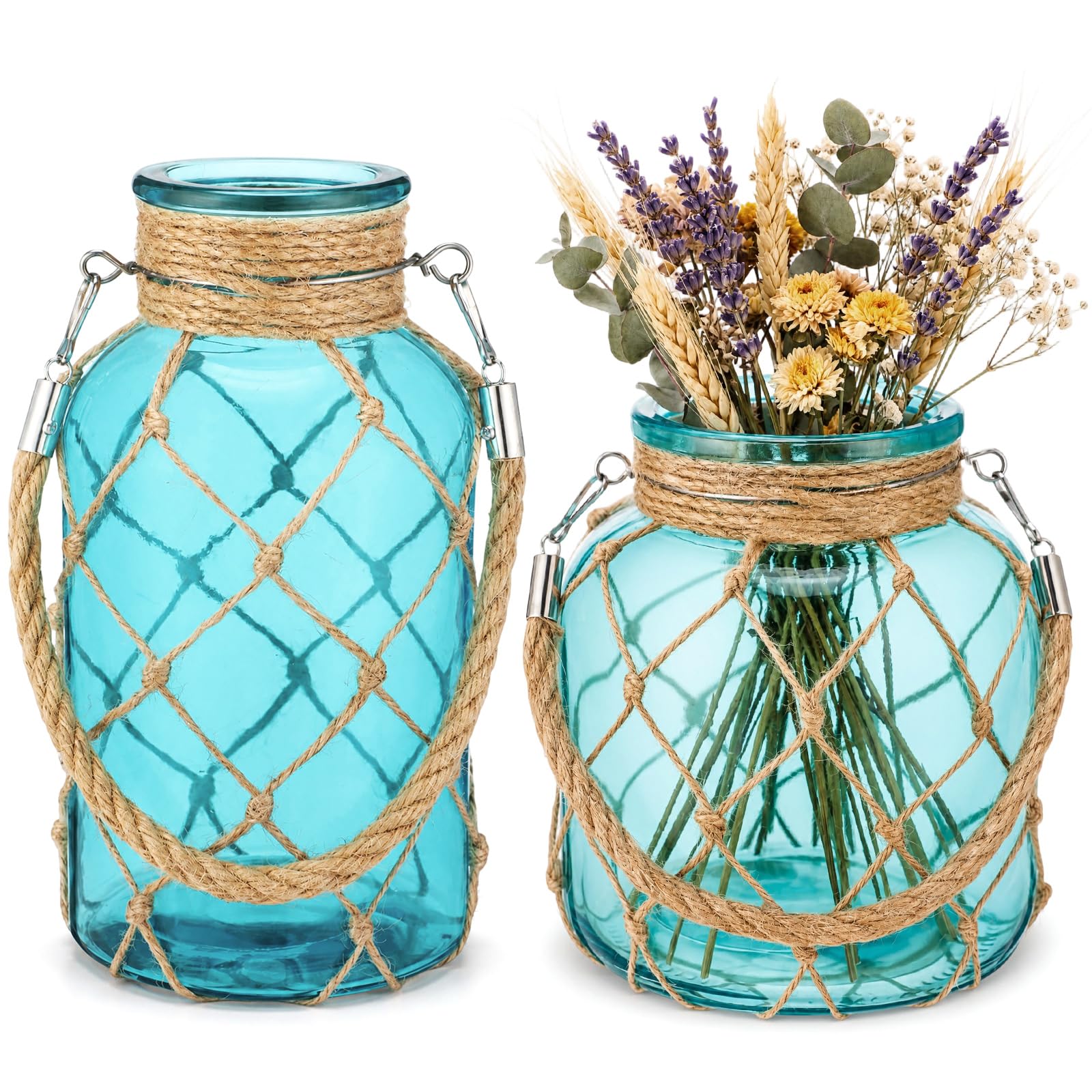 Photo 1 of Acellegic Set of 2 Rattan Hanging Mason Vases - Cyan Blue Glass