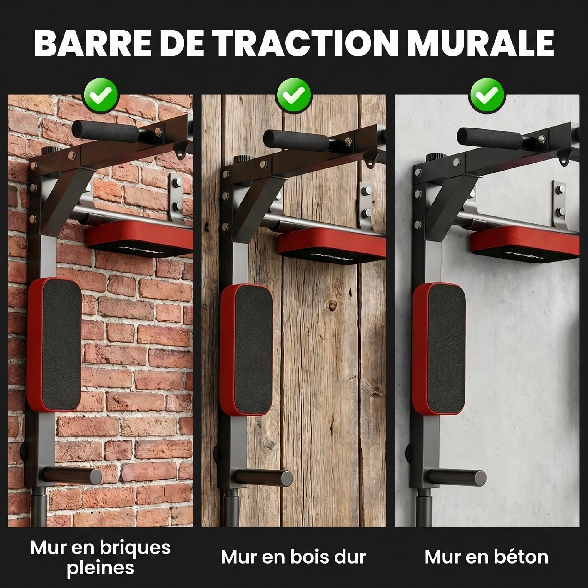 SPORTNOW Barre de Traction Murale 2-en-1, Station à Dips 200 kg Rouge