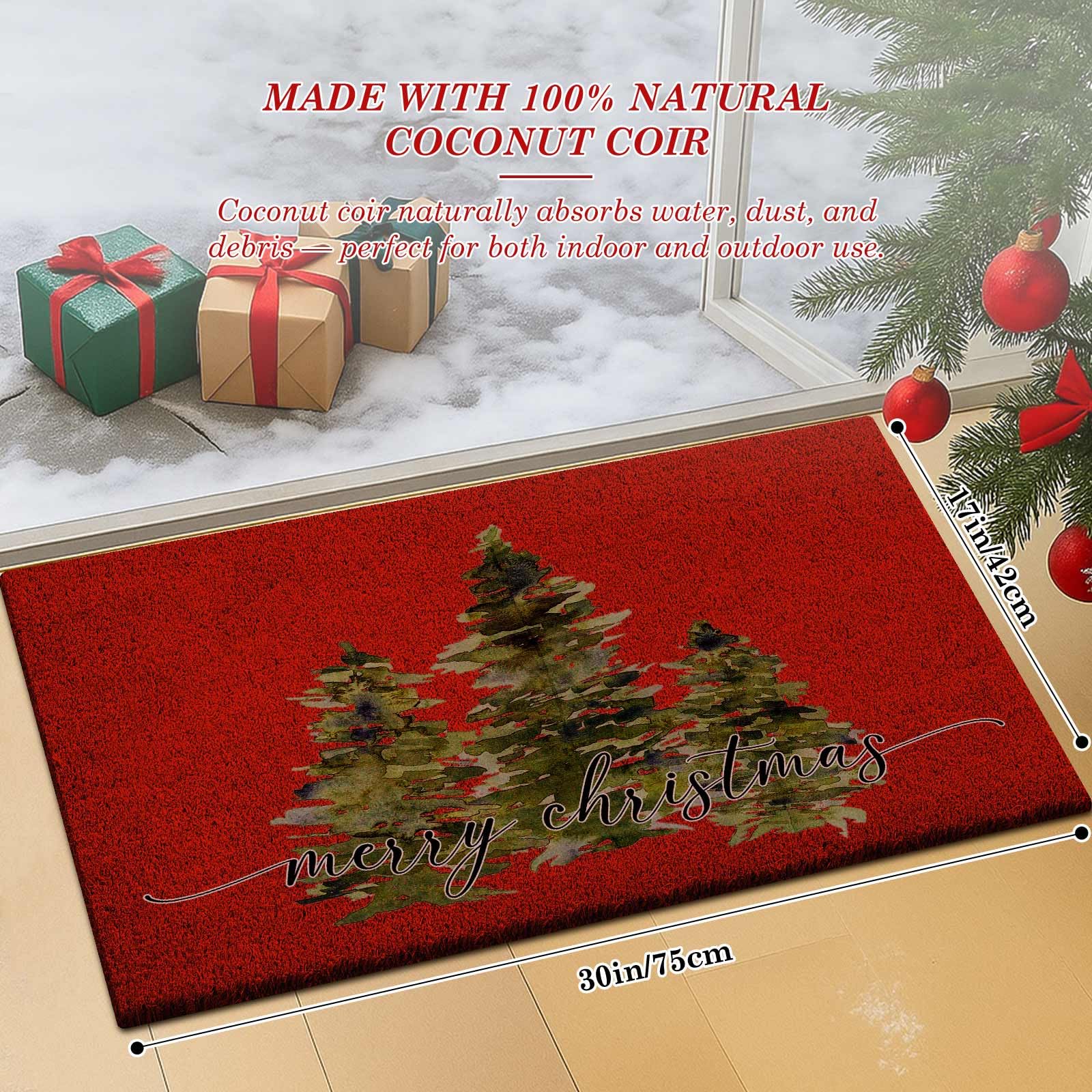 Lanpn Christmas Welcome Natural Coir Door Mat, Merry Christmas Tree Coco Front Door Outdoor Doormat Outside Entrance Porch Non Slip Rubber Rug Winter Xmas Farmhouse Decor (Red, 30x17 inch)