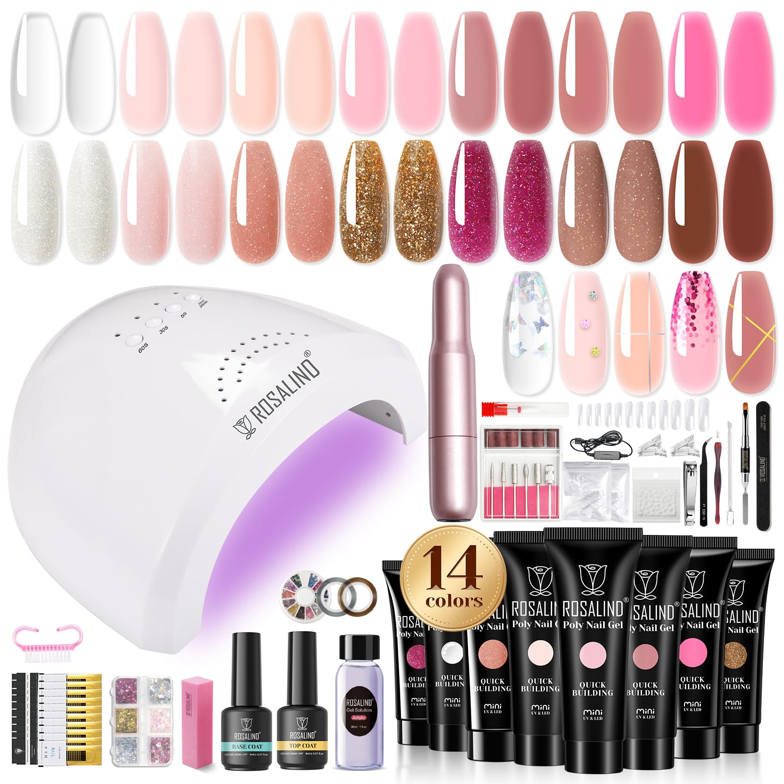 ROSALIND Kit Uñas de Gel Completo Set, Gel Uñas Set con Lima Eléctrica Uñas/48W UV Lámpara, Poligel Kit Principiante 14 Colores Gel de Extensión de Uñas Completo con Base Top Coat