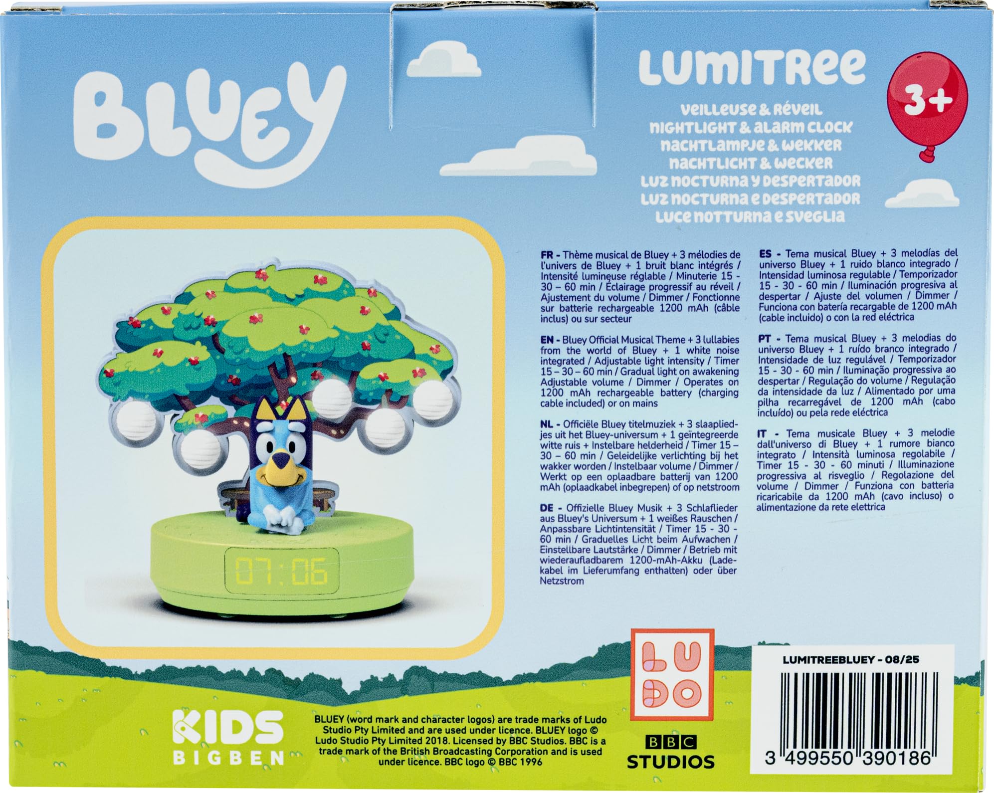 BIGBEN Luz nocturna musical y reloj despertador con música inalámbrica BLUEY, con licencia oficial - Batería recargable - Diseño original - LUZ