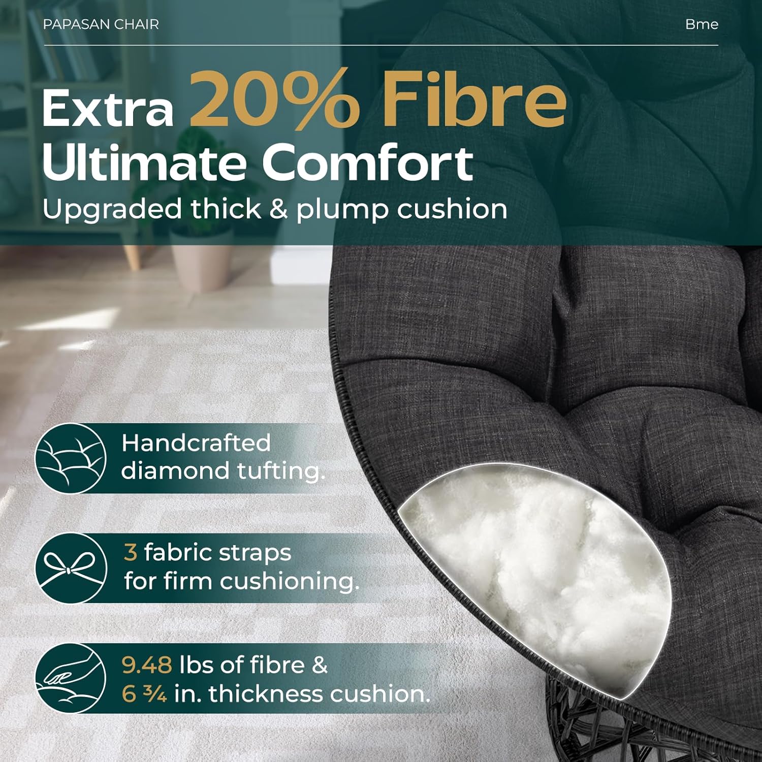 Bme 40" Ergonomic Wicker Papasan Chair with Soft Thick Density Fabric Cushion, High Capacity Steel Frame, 360 Degree Swivel for Living, Bedroom, Reading Room, Lounge, Onyx Stone - Black Base