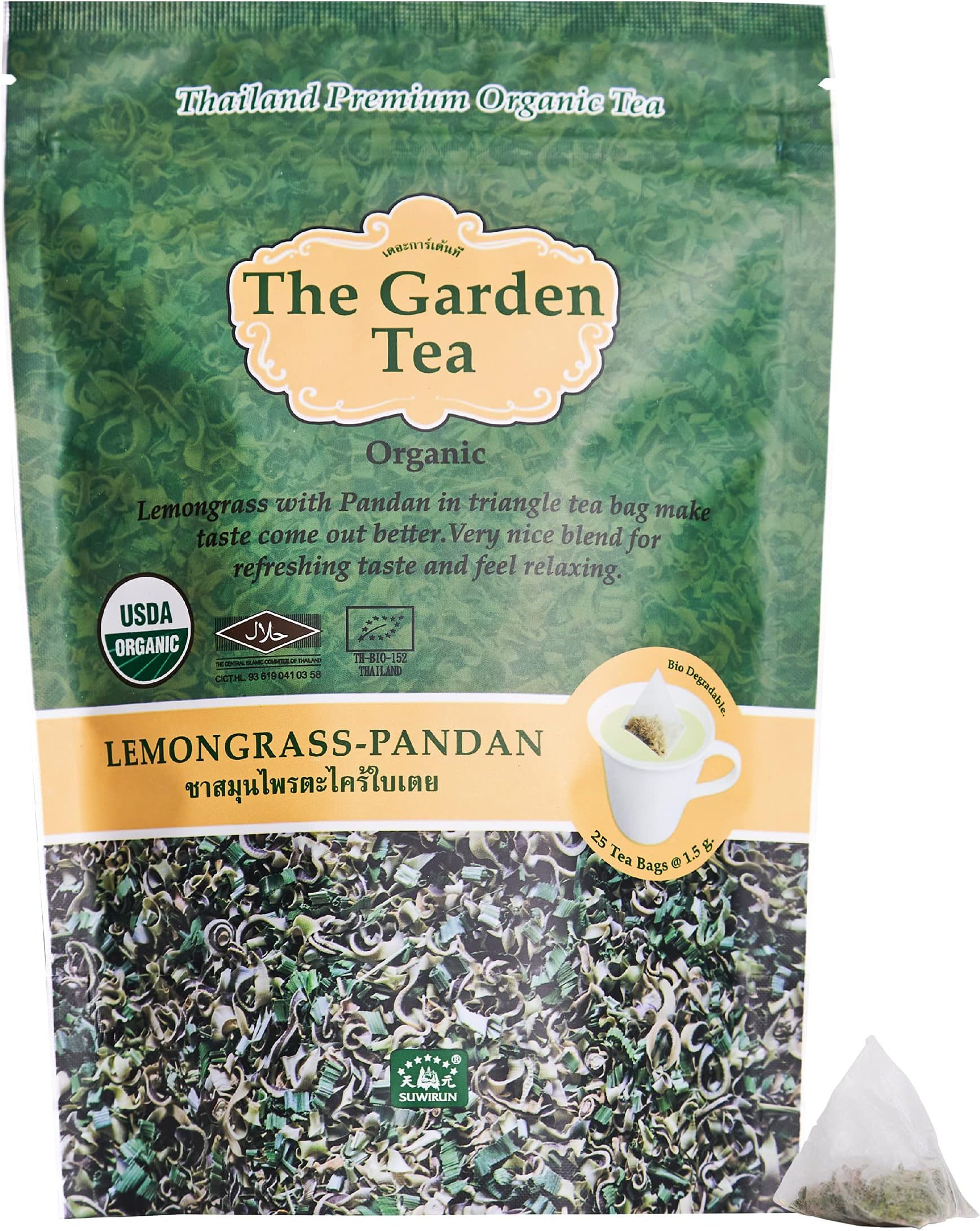 - Suwirun Organic Lemongrass & Pandan Tea 25 Bags โ Product of Thailand โ Aromatic Thai Herbal Blend, Caffeine-Free, No Calories, Natural Fragrance, Brew Hot or Cold