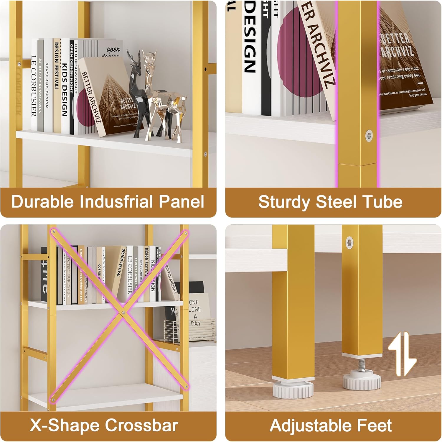 Yusong Bookshelf Triple Wide 5 Tier Bookcases with Storage Cabinet, Industrial Large Modern Tall Bookshelves with 12 Open Display Shelves for Living Room Office Bedroom, White and Gold - Image 5