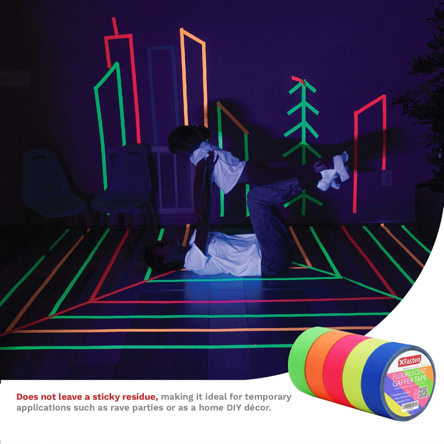 XFasten Multicolor Neon Gaffer Tape, 1-inch x 18-Feet, UV Blacklight Reactive Fluorescent Tape (5-Pack, Multicolor) Heavy Duty, Non-Reflective, Neon Fluorescent Gaffers Tape : Industrial & Scientific