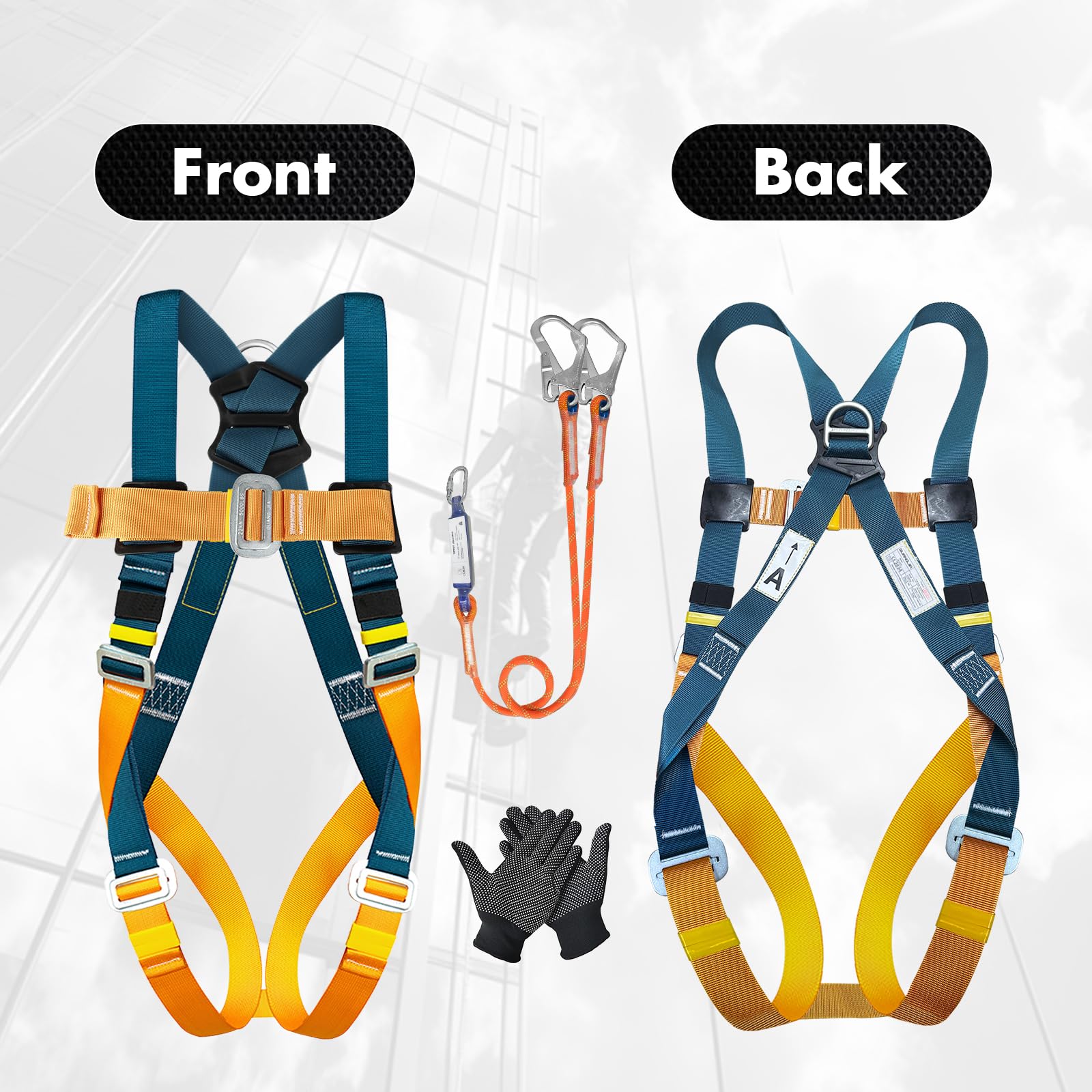 Veiligheidsharnasset met lanyards, volledig lichaamsveiligheidsharnas met 2 grote gespen en 2 2m lanyards, verdikte tailleband, belastbaar tot 150 kg, voor hoogwerk, klimmen, mannen