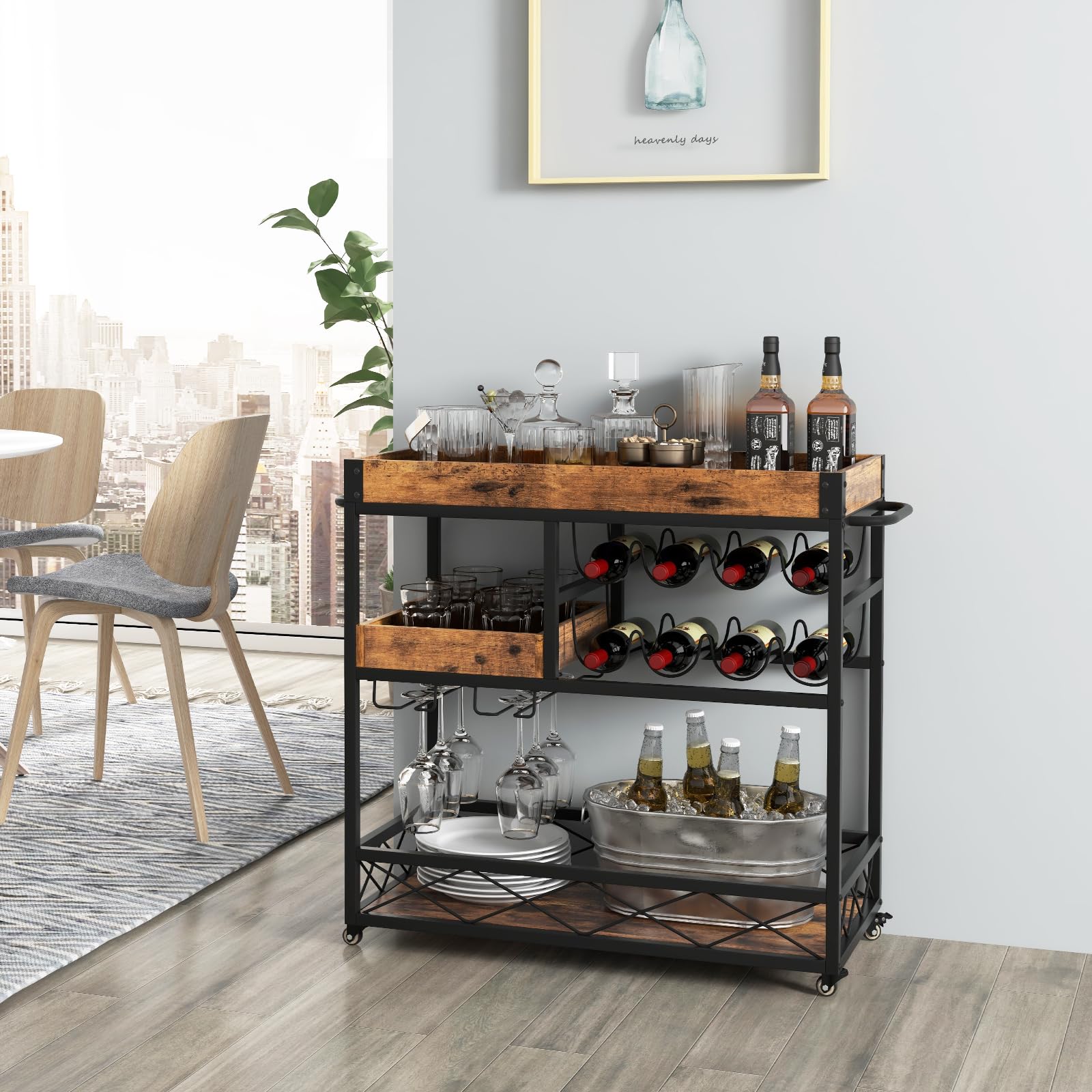KOMFOTTEU Botellero móvil, 3 Niveles de Almacenamiento, Bandeja Superior extraíble, 4 Ruedas en la Parte Inferior, MDF y Hierro, para Cocina, Bar, 94 x 40 x 82 cm, Grano de Madera Industrial