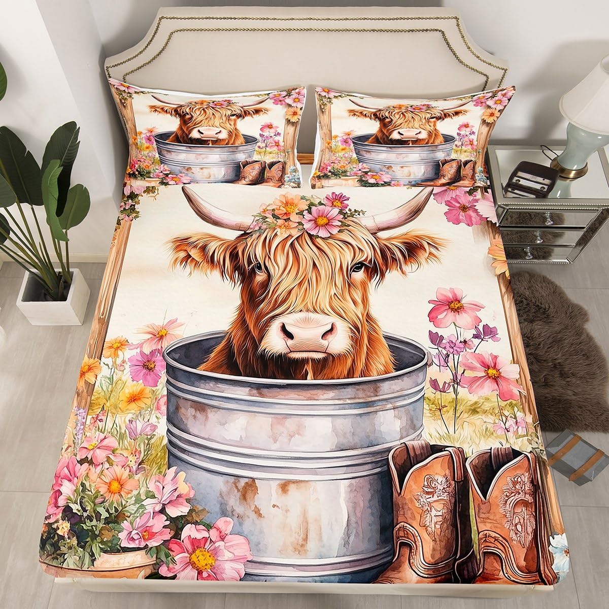 Highland Cow Fitted Sheet Full Size Watercolor Blooming Sunflower Bedding Set 3Pcs(No Flat Sheet) Cowboy Boots Hats Bed Sheet for Boys Girls Teens Room Decor Rustic Farmhouse Deep Pocket Sheet