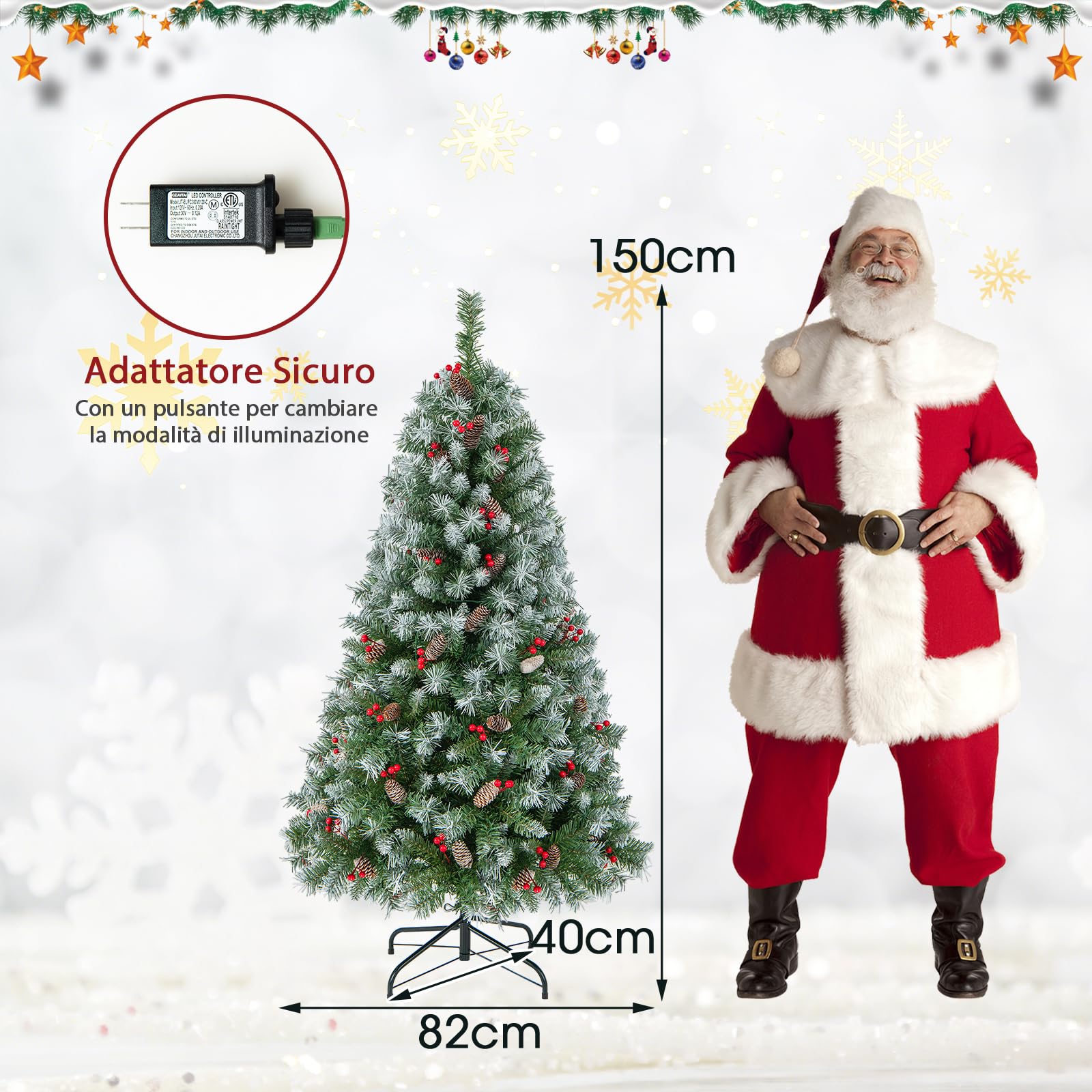 GYMAX 150 cm Albero di Natale Innevato Automatico, con 200 Luci a 8 Modalità, 450 Rami in PVC, 26 Pigne e 126 Bacche, Folto e Realistico, Base Pieghevole in Metallo, Montaggio Facile