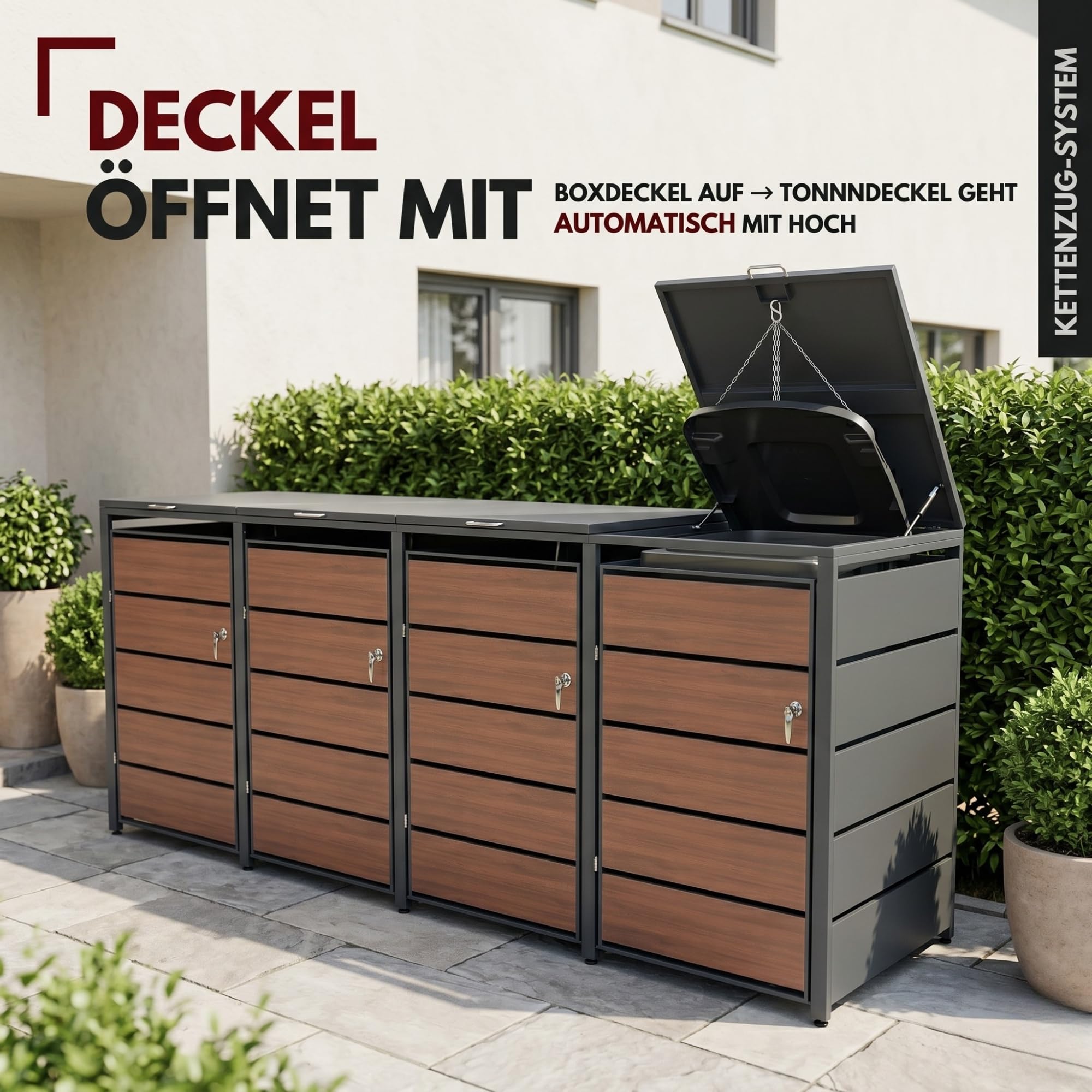 ALBATROS Mülltonnenbox 4er Holzdekor, 120L bis 240L, für Vier Tonnen, Mülltonnenverkleidung aus verzinktem Metall mit Holzoptik, abschließbar, wetterfest, geprüft nach ISO9227, mit Aufkleber Set