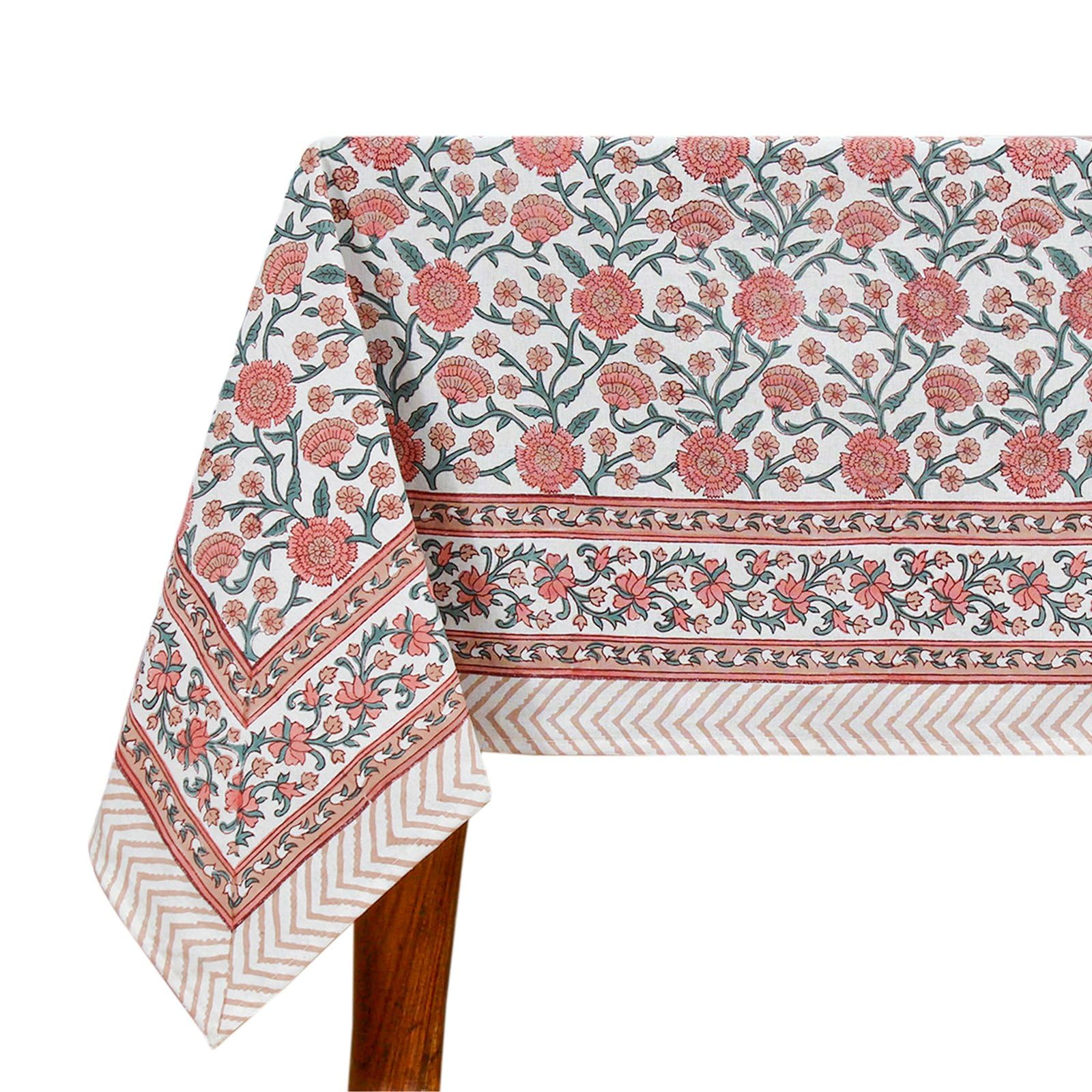 72x190 Inches Rectangle Hand Block Printed Cotton Tablecloth, Pink Green Floral Table Cloths Washable, Indian Table Linen For Valentine Thanksgiving Gifts Home Decor Dinning Outdoor — image 1