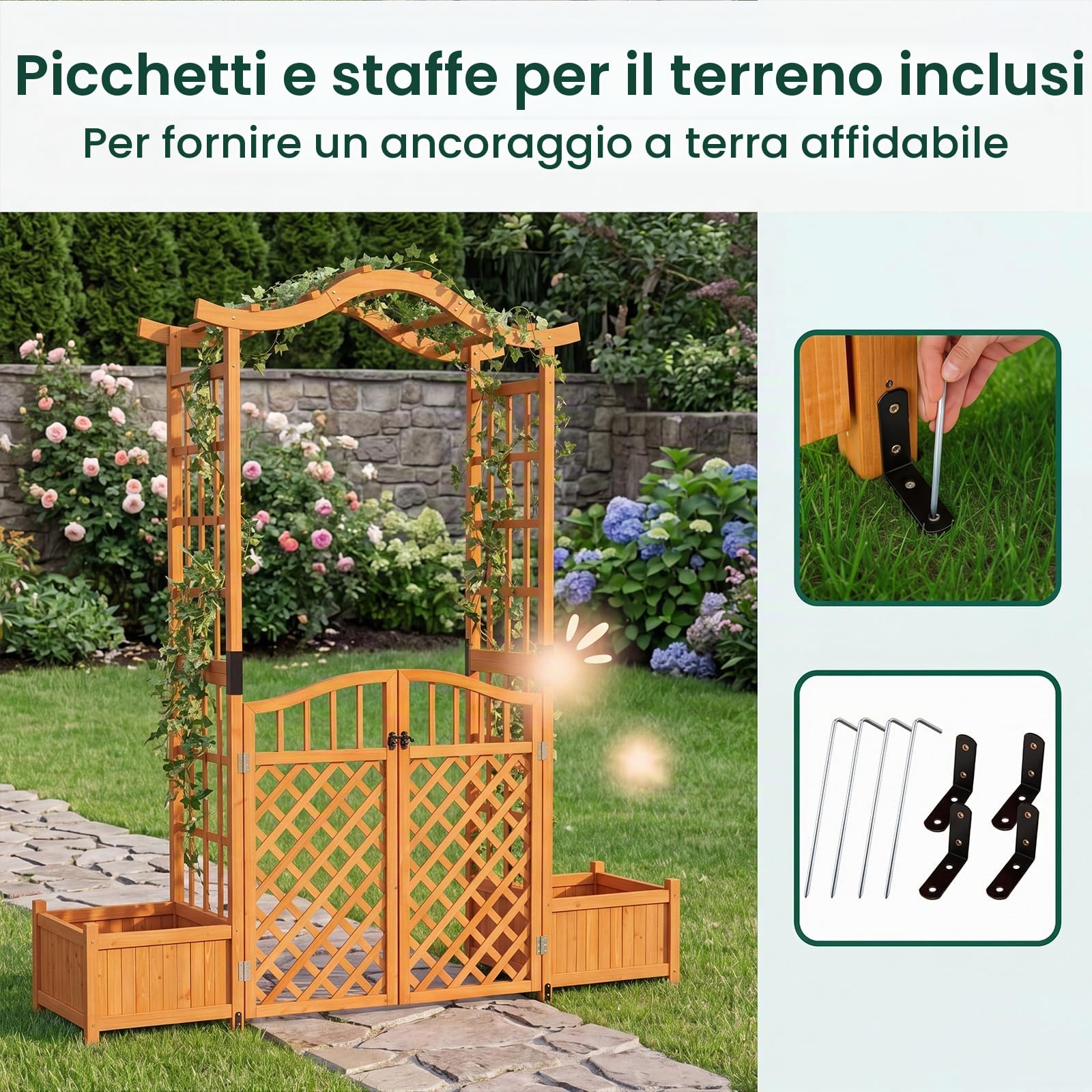 HOMASIS Arco da Giardino con Fioriera, Pergolato per Piante Rampicanti in Legno di Abete, Arco da Esterno con Cancello Chiudibile, Fori di Drenaggio e Pannello Rimovibile, 185 x 46 x 210 cm