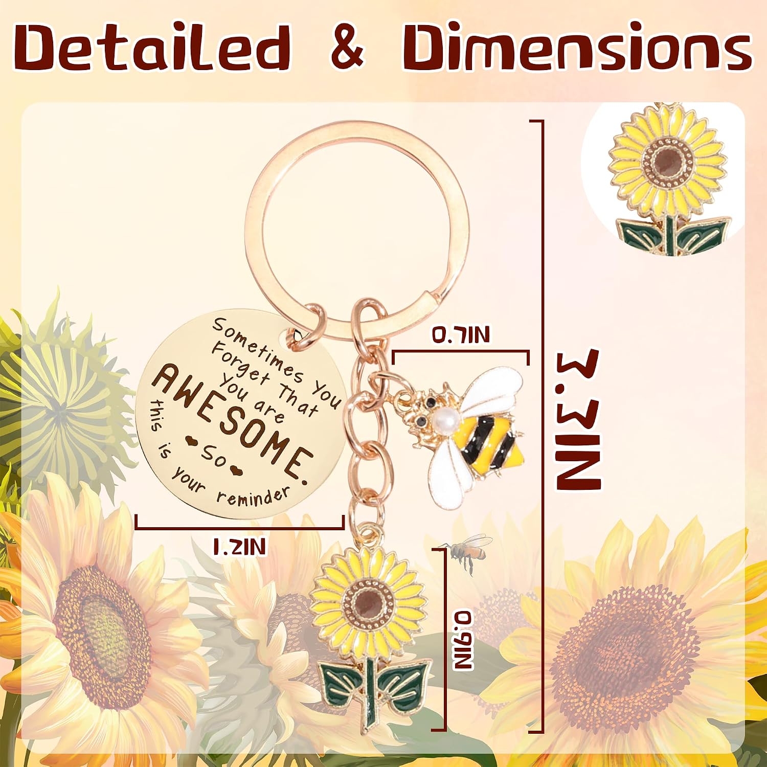 Sunflower Keychains Inspirational Gifts for Women - Motivational Keyring Friendship Keychain Gift, Yellow Sunflower Bee Key Chain for Him Her Friend Coworker Purse Wallet Handbags Backpack