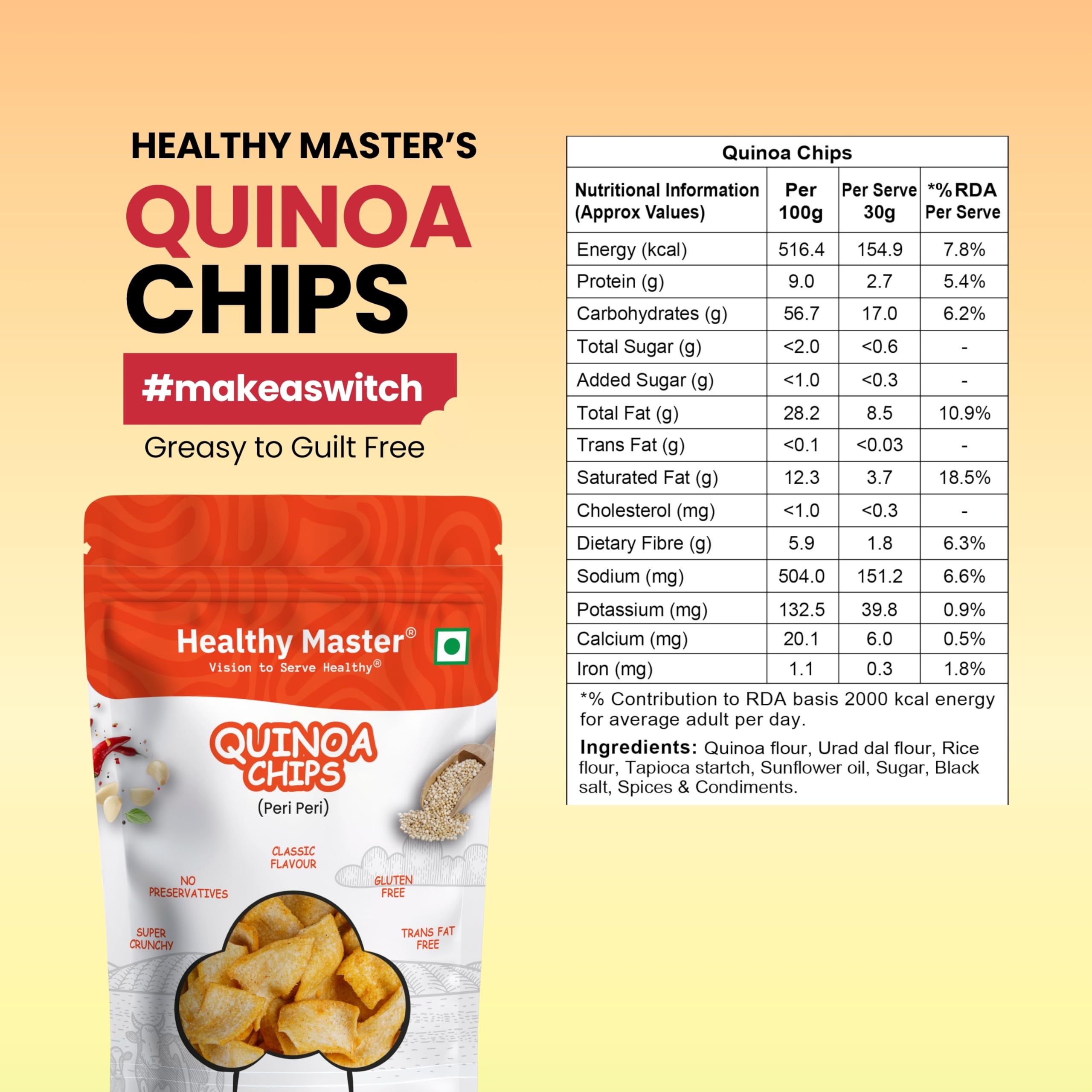 Healthy Master Quinoa Chips | Light & Crispy Chips, high protein | Natural ingredients, Vegan, Gluten Free, No Palm Oil, No Artificial Preservatives, Trans Fat Free, Low Calorie | 200g - Pack of 1 - Image 2 thumbnail