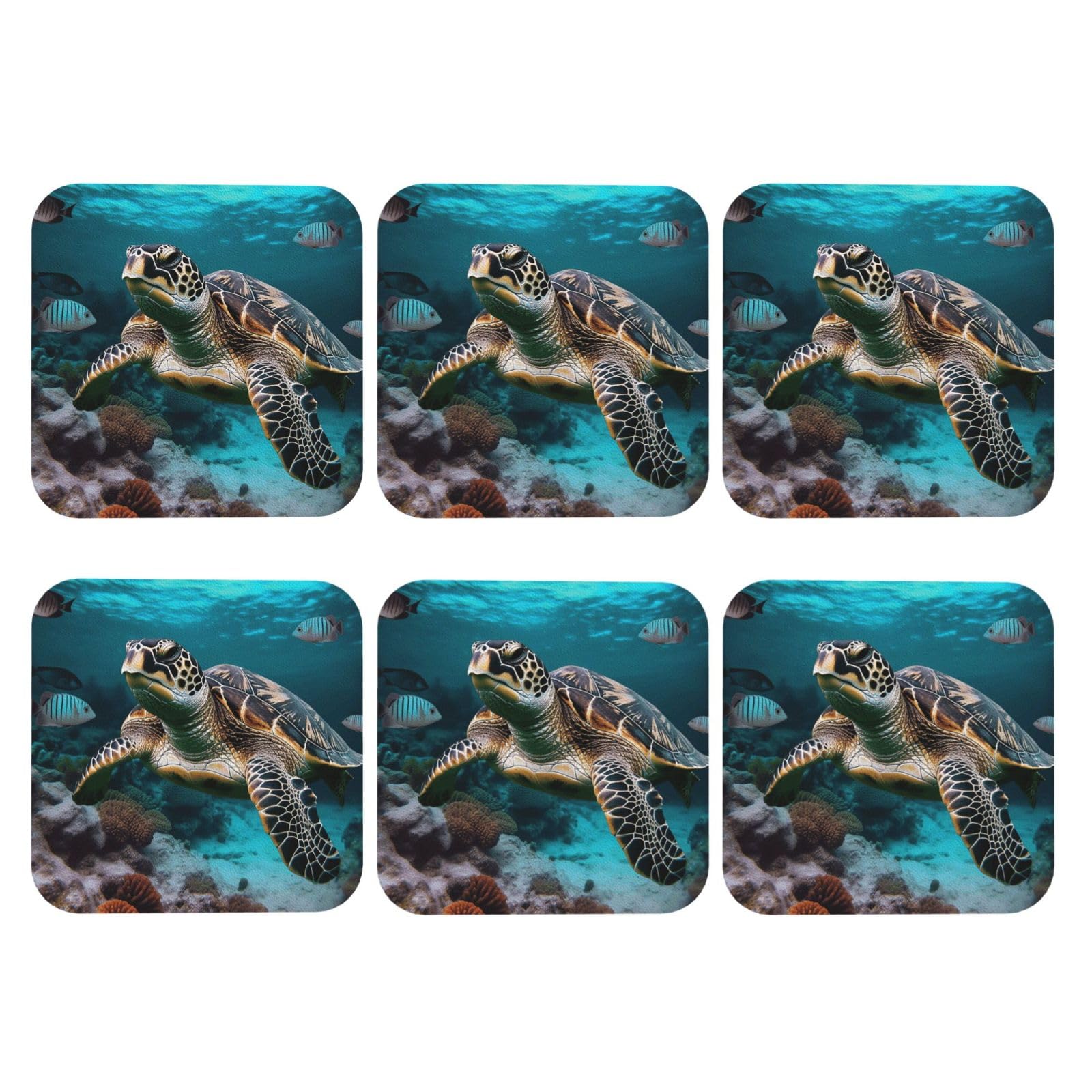 6pcs Leather Coasters for Drinks, Ocean Animal Turtle Drink Coasters for Tabletop Protection, 4" Cup Coasters for Coffee Table Decor, Non-Slip Drinking Cup Mat for Hot Or Cold Drink