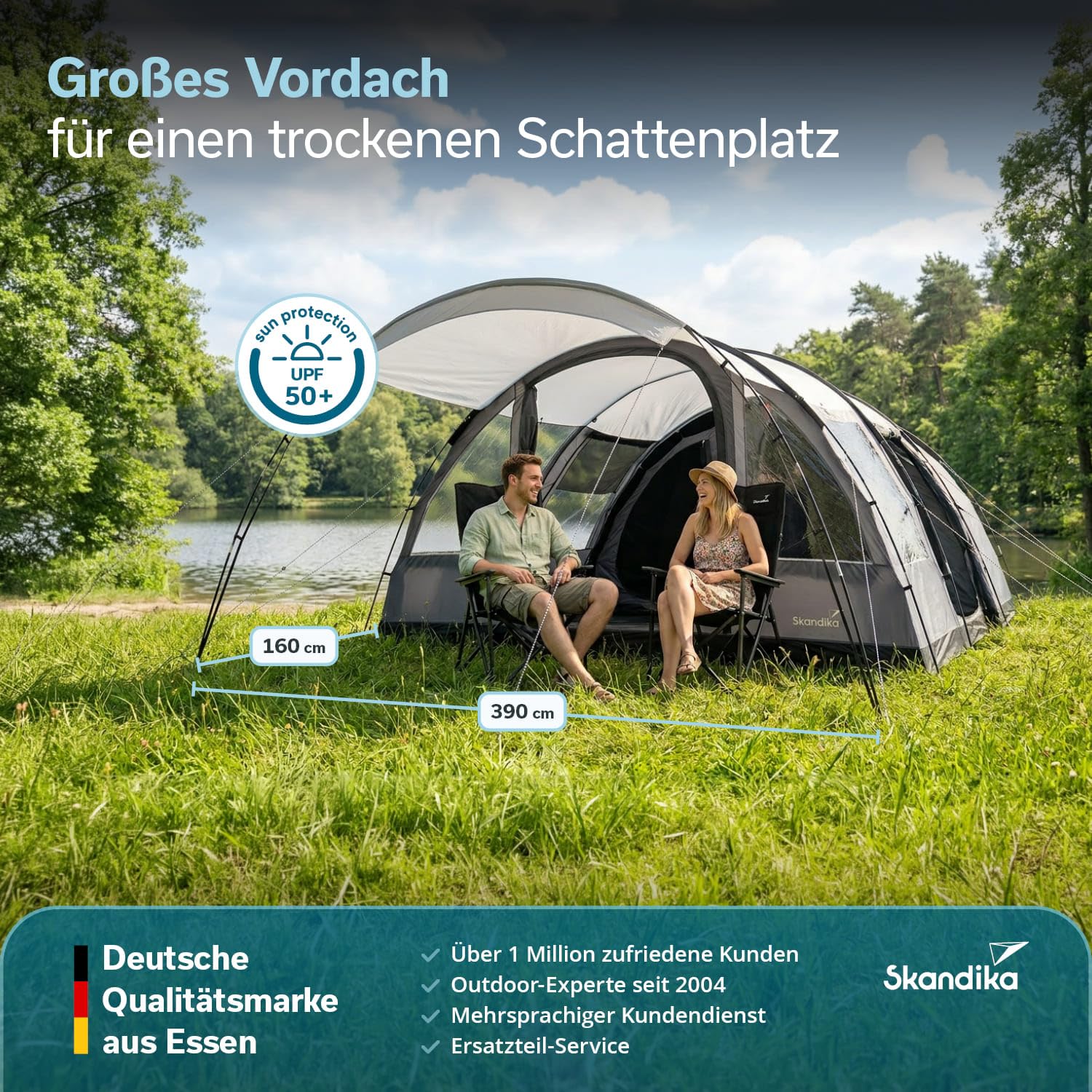 Skandika Tunnelzelt Falkenberg für 6 Personen | Großes Familienzelt, eingenähter Zeltboden, 2 m Stehhöhe, wasserdicht, 4.000 mm Wassersäule, Moskitonetze, teilbare Schlafkabine | Outdoor Camping Zelt