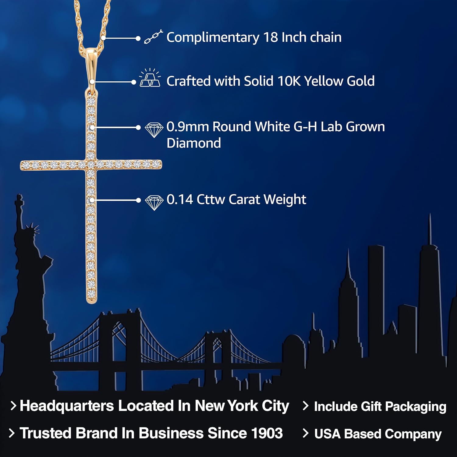 Gem Stone King 10K Yellow Gold White Lab Grown Diamond Cross Crucifix Pendant Necklace For Women (0.14 Cttw, G-H Color, 36 Diamonds, 1 1/4 inch, Comes with 18 Inch Chain)