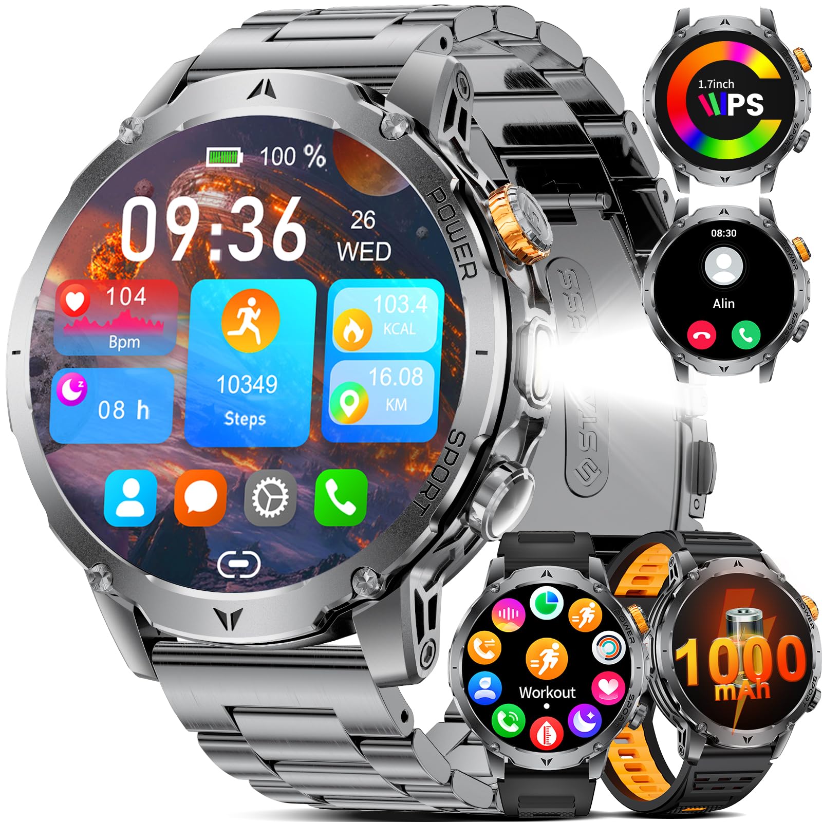 LIGE Men's Smart Watch, 1000 mAh Smartwatch with 1.7 Inches/Over 60 Days Standby/LED Flashlight, Bluetooth Calls, 5ATM, 100+ Sports Modes Smart Watch for Android iOS, Black
