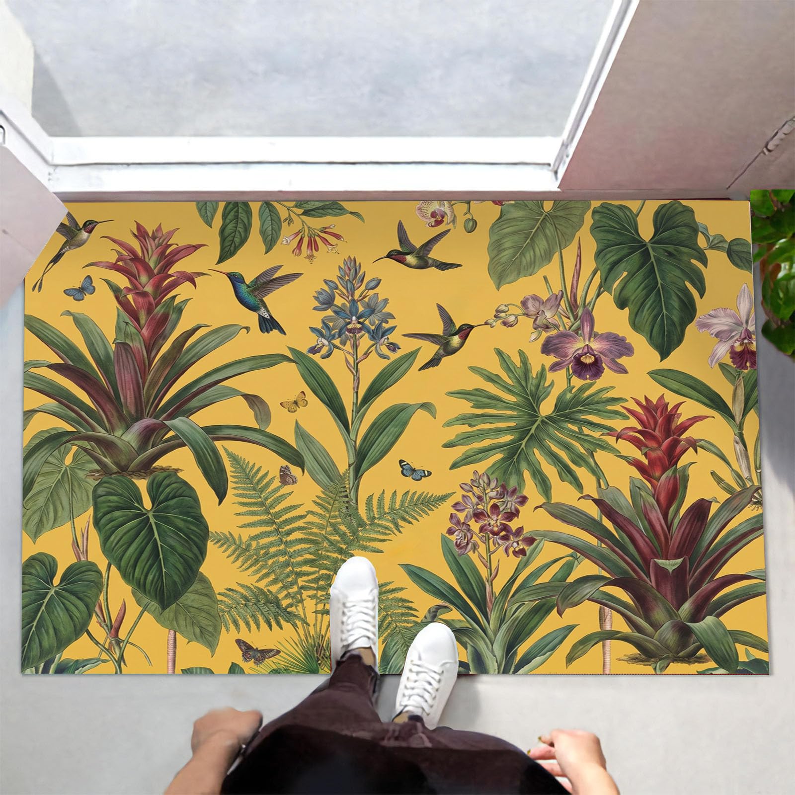 Felpudo Ultrafino Para Interiores, 80X120Cm, Plantas Tropicales Retro Alfombra Antideslizante Lavable Para Entrada, Colibríes Exóticos Flores Felpudo De Perfil Bajo, Atrapa Suciedad, Amarillo