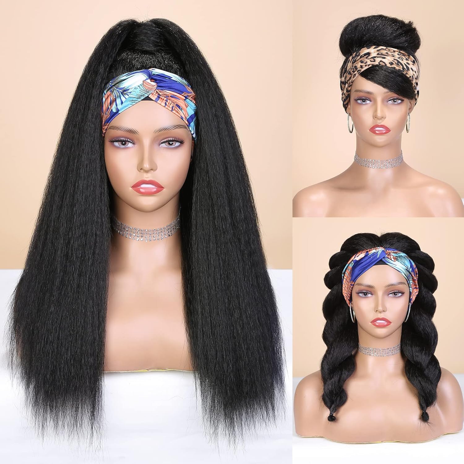Perruque Bandeau Cheveux Crépus Raides 46cm Noir Yaki WIGNEE - Synthétique Sans Colle