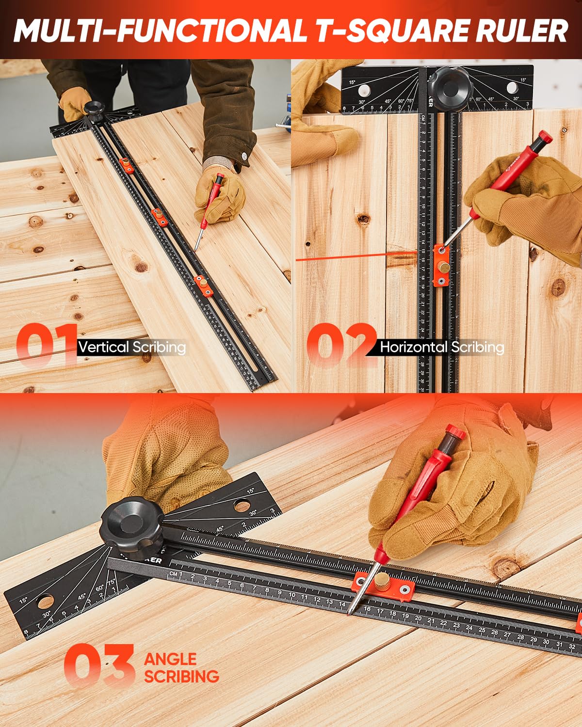 Saker 4-in-1 Scriber Marking Line Ruler, 29.5in Spliceable Extended T Square, Precision Line Drawing & Drilling Positioning Tool, Cabinet Hardware Jig with Angle Adjustment for Woodworking — Amazon image 6