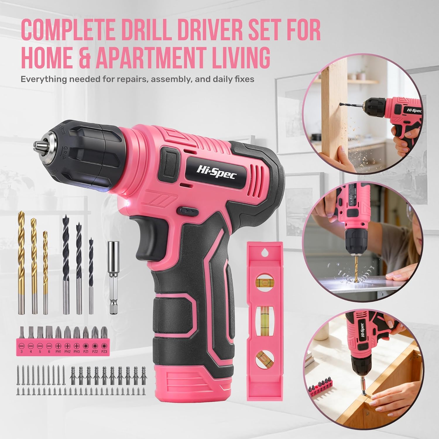 Hi-Spec 8V USB Pink Power Drill Driver & Screw Bit Set for Women. Ladies Cordless & Rechargeable Electric Drill Driver with Wall Hanging Kit