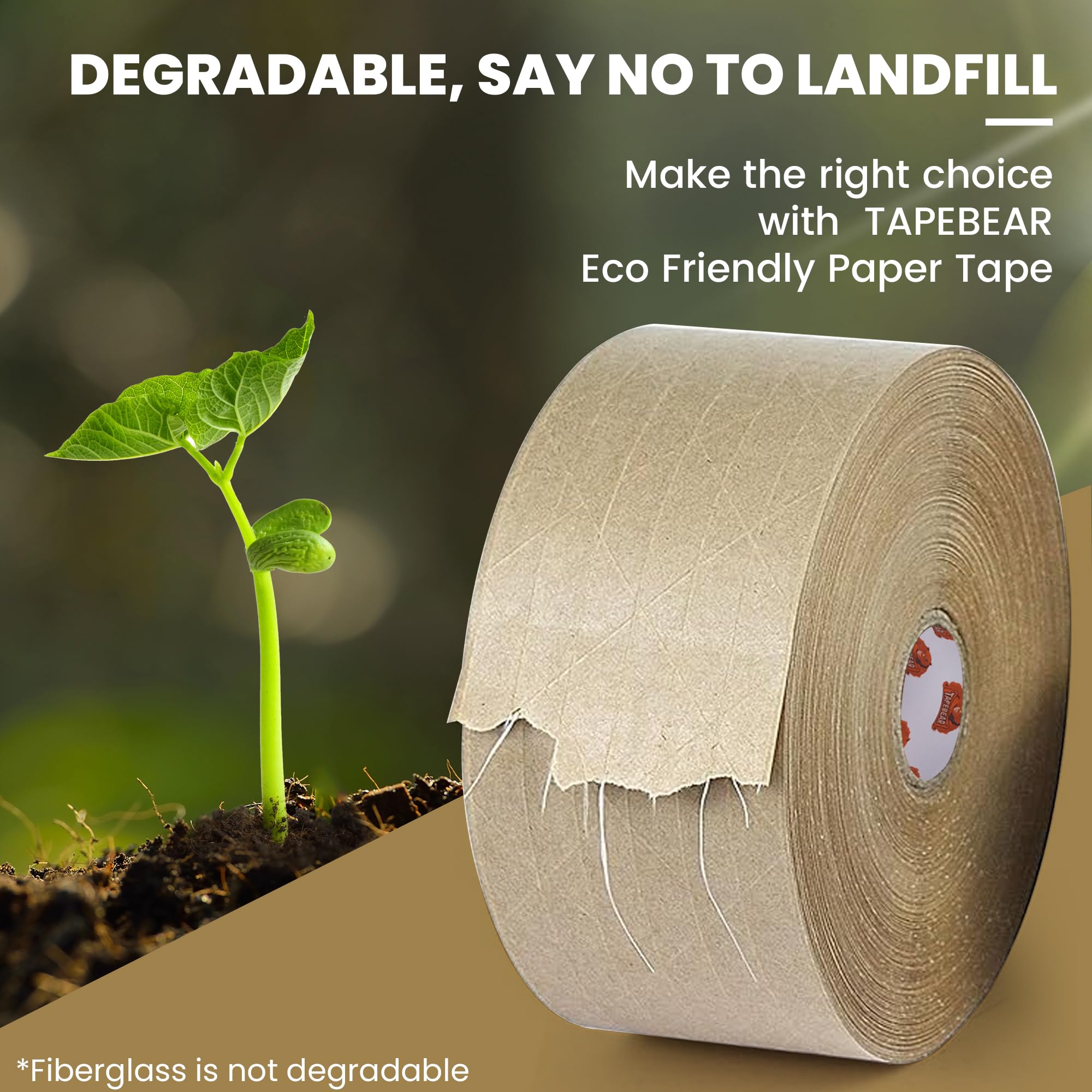 TAPEBEAR Cinta de Papel Kraft Engomada 1.5" Núcleo, Activada con Agua 70mm x 116m, Refuerzo de Fibras, Ecológica y Biodegradable para Cierre Seguro, Empaquetado y Envío, 4 Rollos