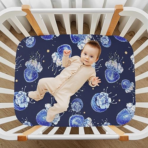 Miniatura 7 de Bonita sábana bajera para cuna de medusa azul marino para niñas y niños pequeños, sábana bajera ajustable para cuna para niños, cama de guardería,