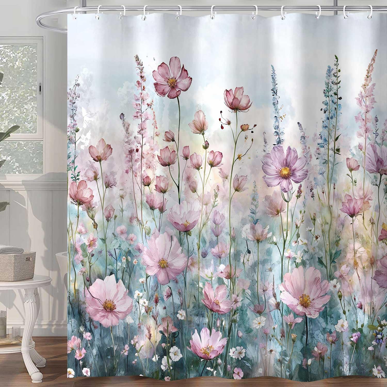 Pink Grey Watercolor Floral Shower Curtain 72x72 Inch – Minimalist Bathroom Decor With 12 Hooks - View #11