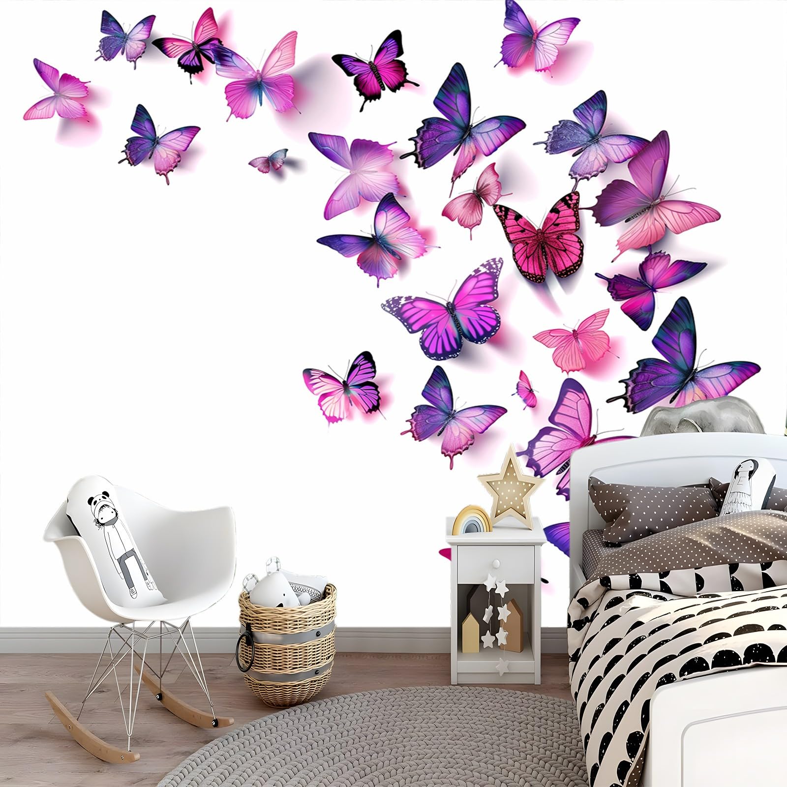 Tapeta ścienna biała fioletowa tapeta z włókniny do sypialni pokoju dziecięcego motyl elegancka kreskówka plakat ścienny 400 x 280 cm