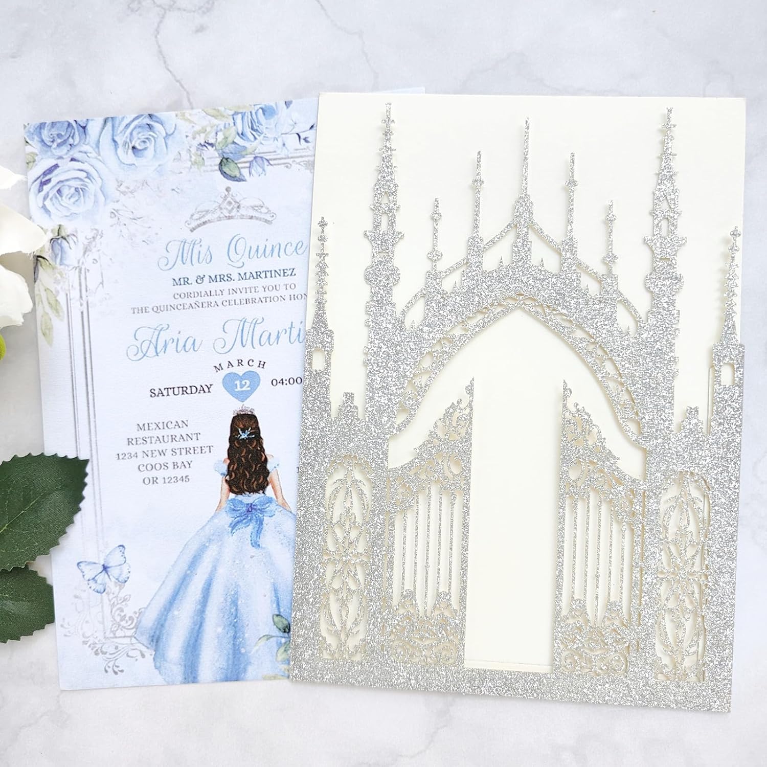 20PCS glitter gate pocket invitations with envelops,quinceanera invitations,sweet 16 invitations,wedding invitations personalized, bridal shower invitations and more. (glitter silver)