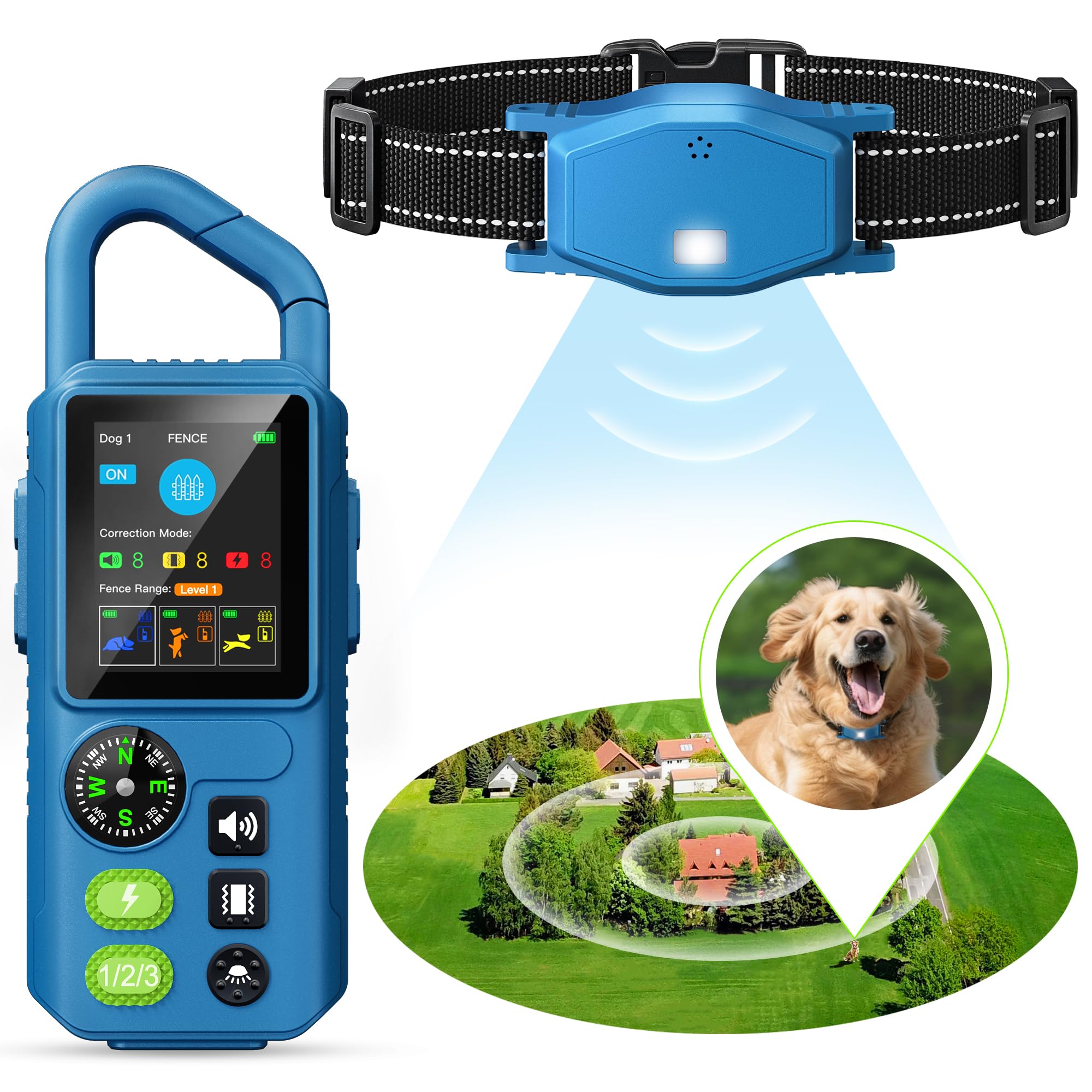 Photo 1 of PetChums Dog Wireless Fence & Training Collar, 5-in-1 Electric Fence System for Dogs, Wireless Leash, Fence Range up to 394 Ft, Training Distance up to 3300 Ft, Includes Remote Control