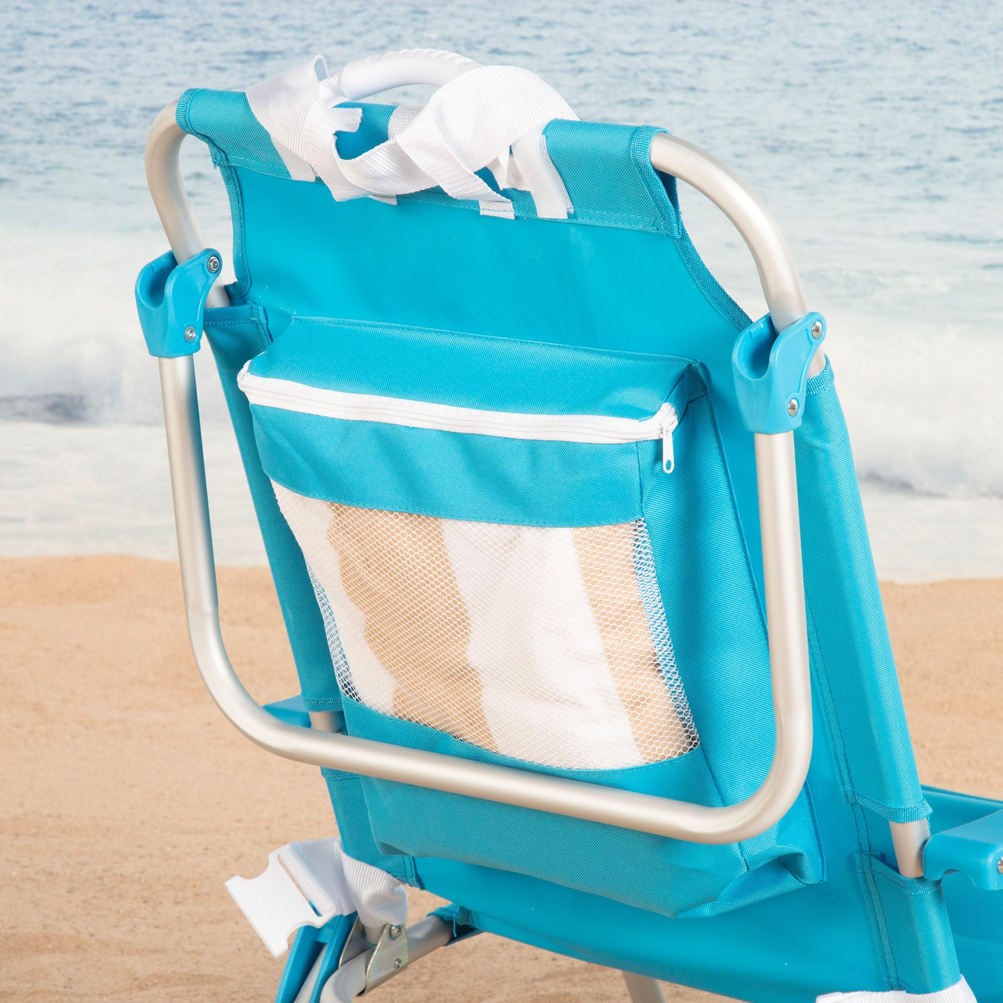 AKTIVE Sedia da spiaggia pieghevole 49x58x80 cm, con cuscino, sedia zaino pieghevole, schienale reclinabile, con due tasche, blu pastello (53983)