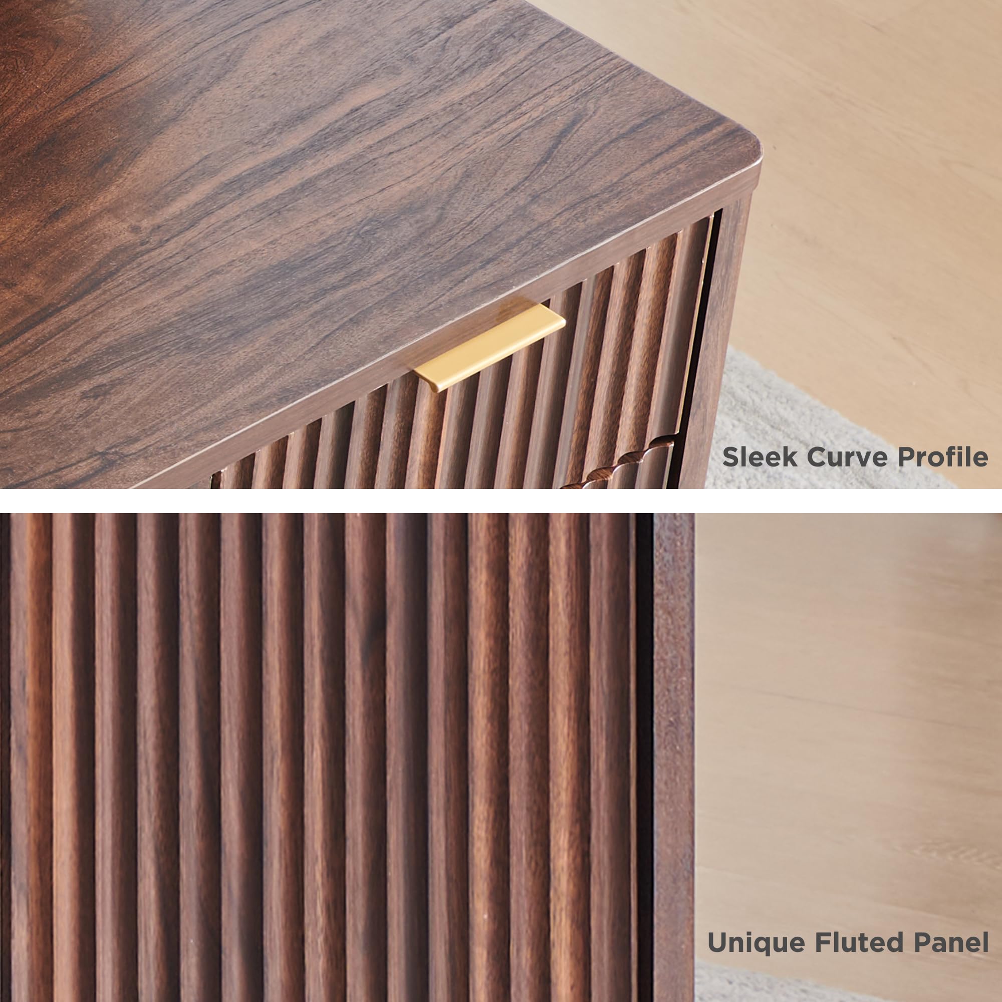 T4TREAM 60'' Fluted Executive L Shaped Desk, Modern Home Office Desk with Charging Station and File Drawer, Computer Corner Desks with Drawers & Storage Cabinet for Office Home, Bedroom, Natural Oak: Dark Walnut