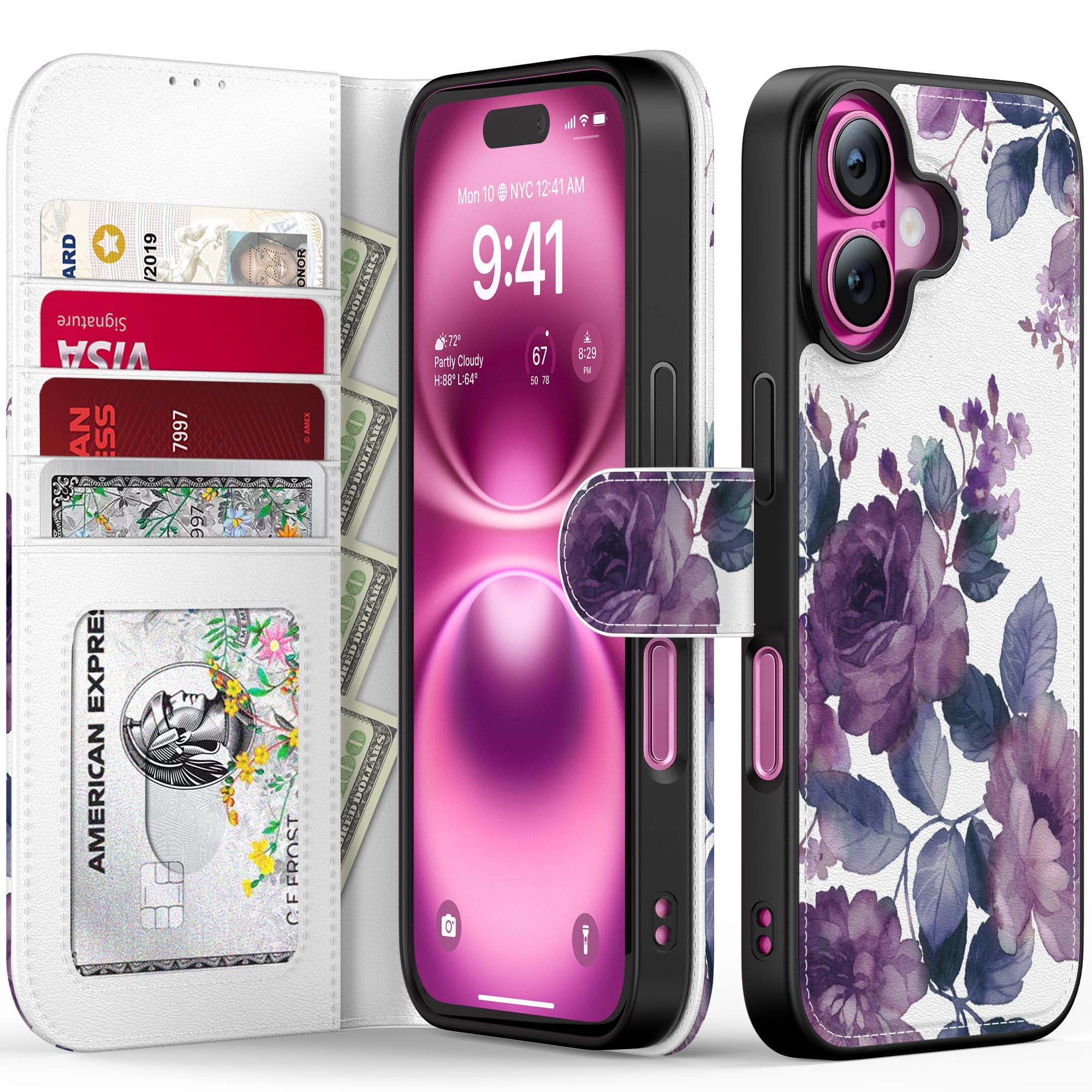 FUNMIKO for iPhone 16 Case Wallet,Detachable Flip Folio Leather Cover,RFID Blocking 4 Card Slots Holder,Magnetic Kickstand,Protective Phone Shell for